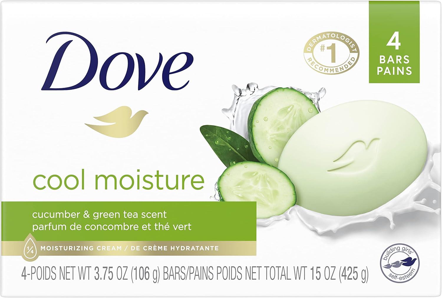 Dove Skin Care Beauty Bar For Softer Skin Cucumber and Green Tea More Moisturizing Than Bar Soap 3.75 oz, 4 Bars