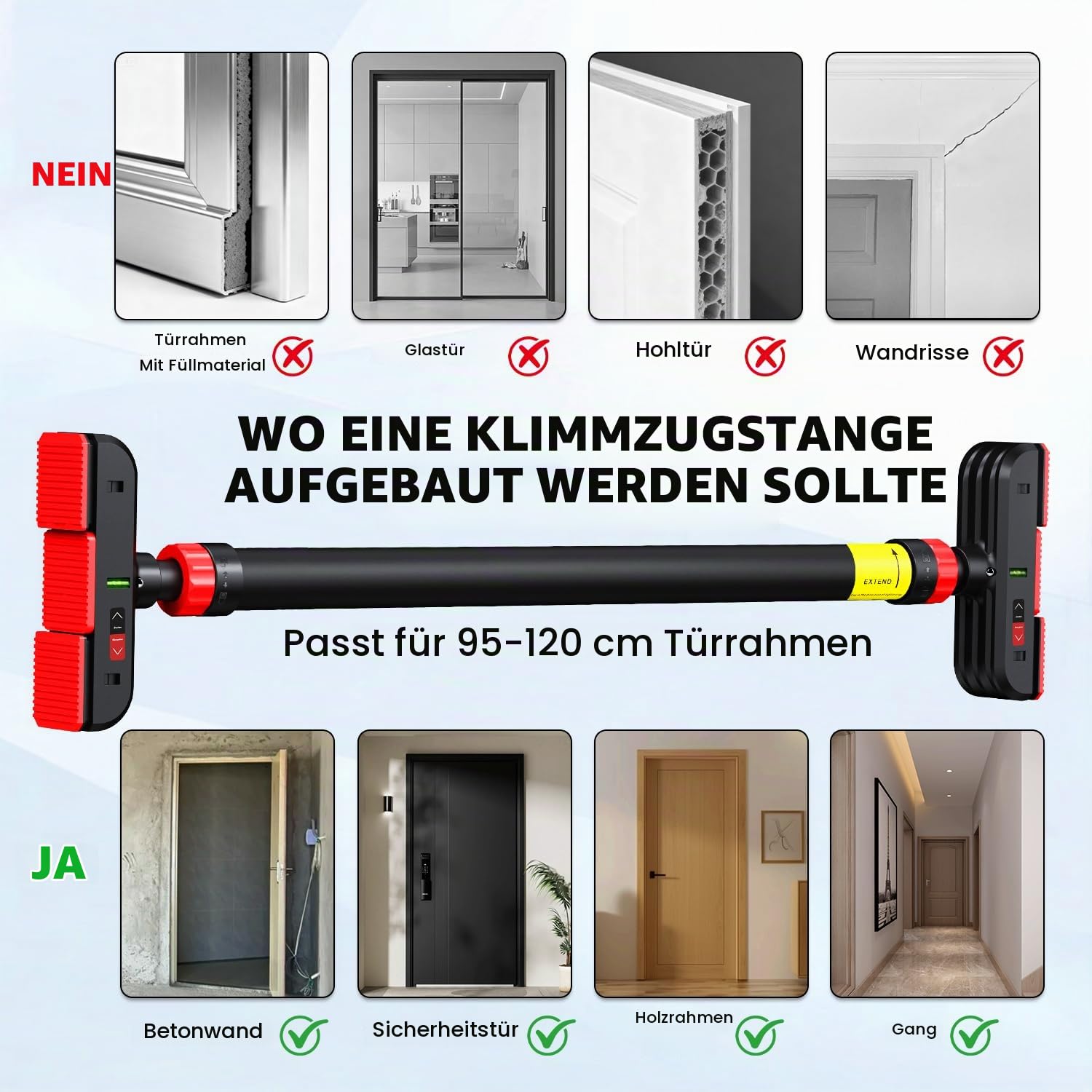 Klimmzugstange für Türrahmen ohne Schrauben mit innovativer Gewindesperre für sicheren Halt –72-120cm Pull Up Bar mit Tragfähigkeit für bis zu 200 kg für Oberkörper Workout Heimtraining
