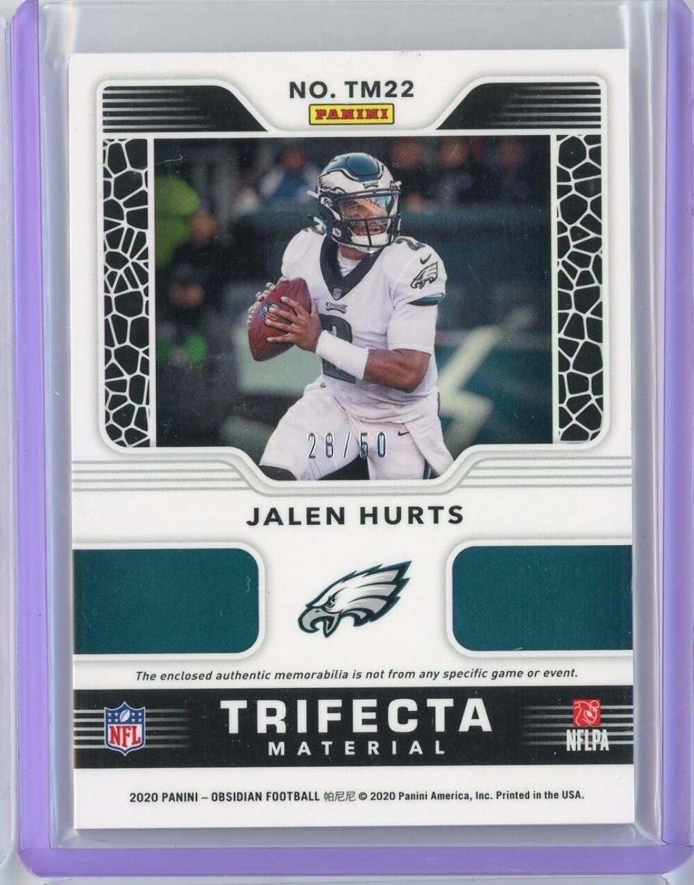 2020 Panini Obsidian Trifecta Material Jalen Hurts #TM22#'/50 Rookie Patch Relic Rookie RC Football Card