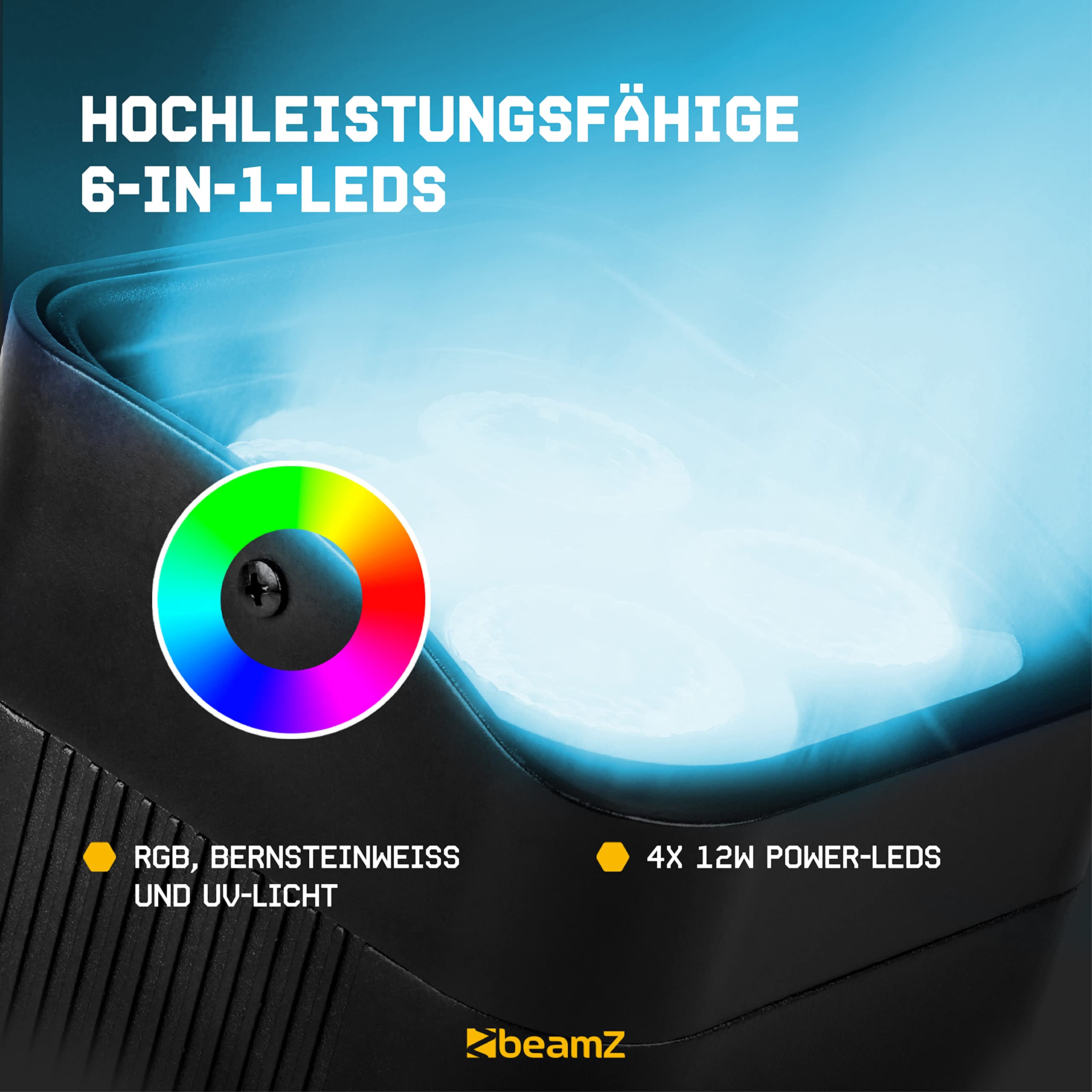 BeamZ BBP94W Uplight LED Par Strahler, 8er Set mit Flightcase, 4 x 12 Watt, Akku Bühnenbeleuchtung für DJ Pult, Bühnenlicht, DMX-WLAN, Partylicht Musikgesteuert, Bühnenequipment, Fernbedienung