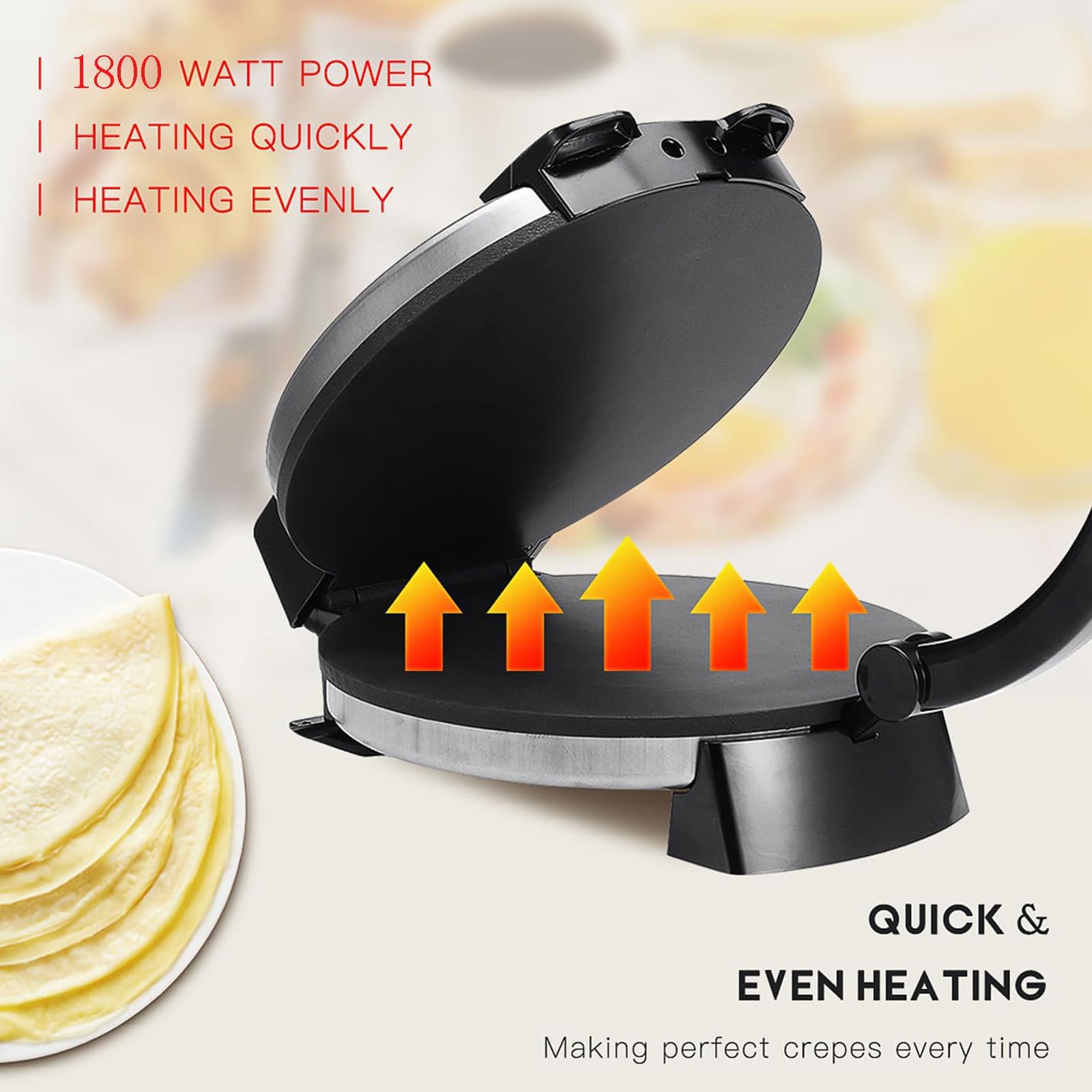 Eléctrica Roti Maker, 1500 W, bandeja antiadherente para hornear, temperatura ajustable, calefacción de doble cara, ideal para chapati, panqueques, crepes, pizza, pita