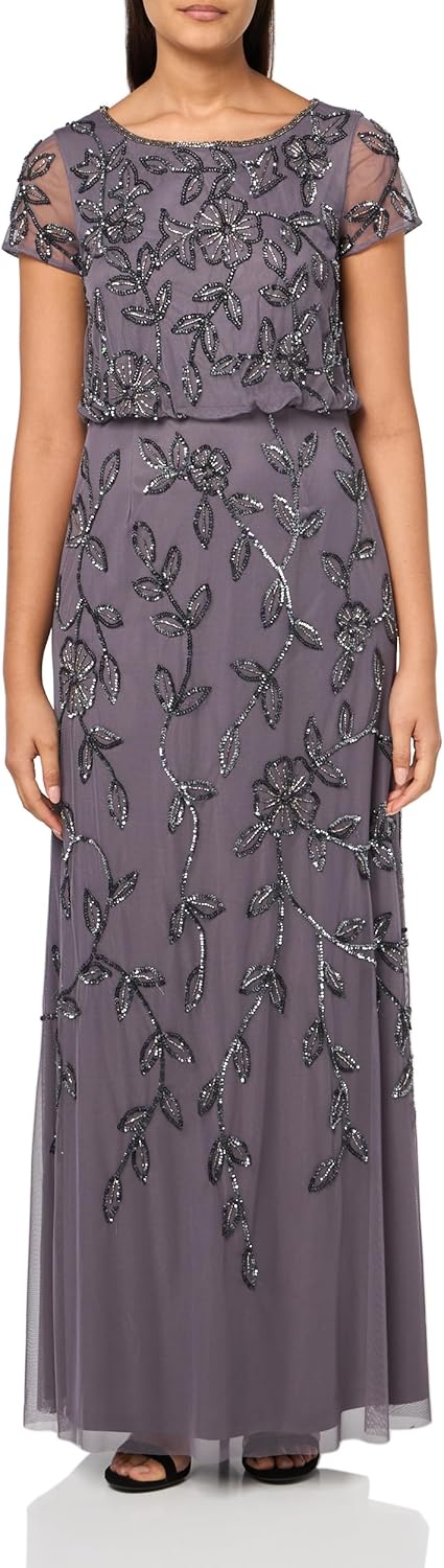 Adrianna Papell Women's Blouson Beaded Long Dress | Formal Beaded Dress with Bloused Bodice & Floral Embellishments