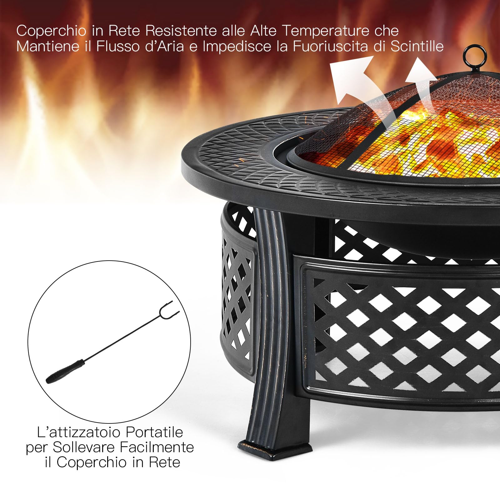 GYMAX 81CM Set Braciere, Braciere Tondo 3-in-1 con Finitura ad Alta Resistenza, Griglia per Legna da Ardere per Barbecue,con Copertura Antipioggia e Attizzatoio, per Giardino, Campeggio, Picnic