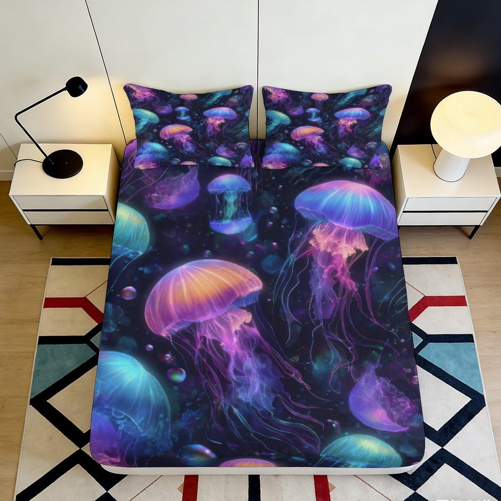 3D Printed Jellyfish Fitted Sheet Microfiber Soft Breathable Neon Underwater Mattress Cover for Bedroom Dormitory Guest Room Bed Protection 180x200x25cm