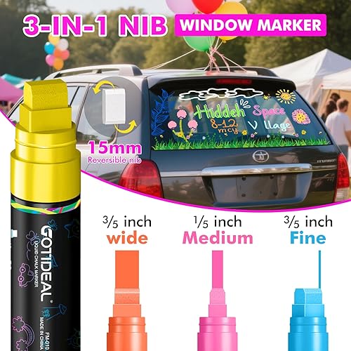 Vista 3 de GOTIDEAL Marcadores de ventana de 0.59 pulgadas, marcadores de tiza jumbo para pizarra borrable, lavable para automóvil, pizarra, vidrio, mirrow