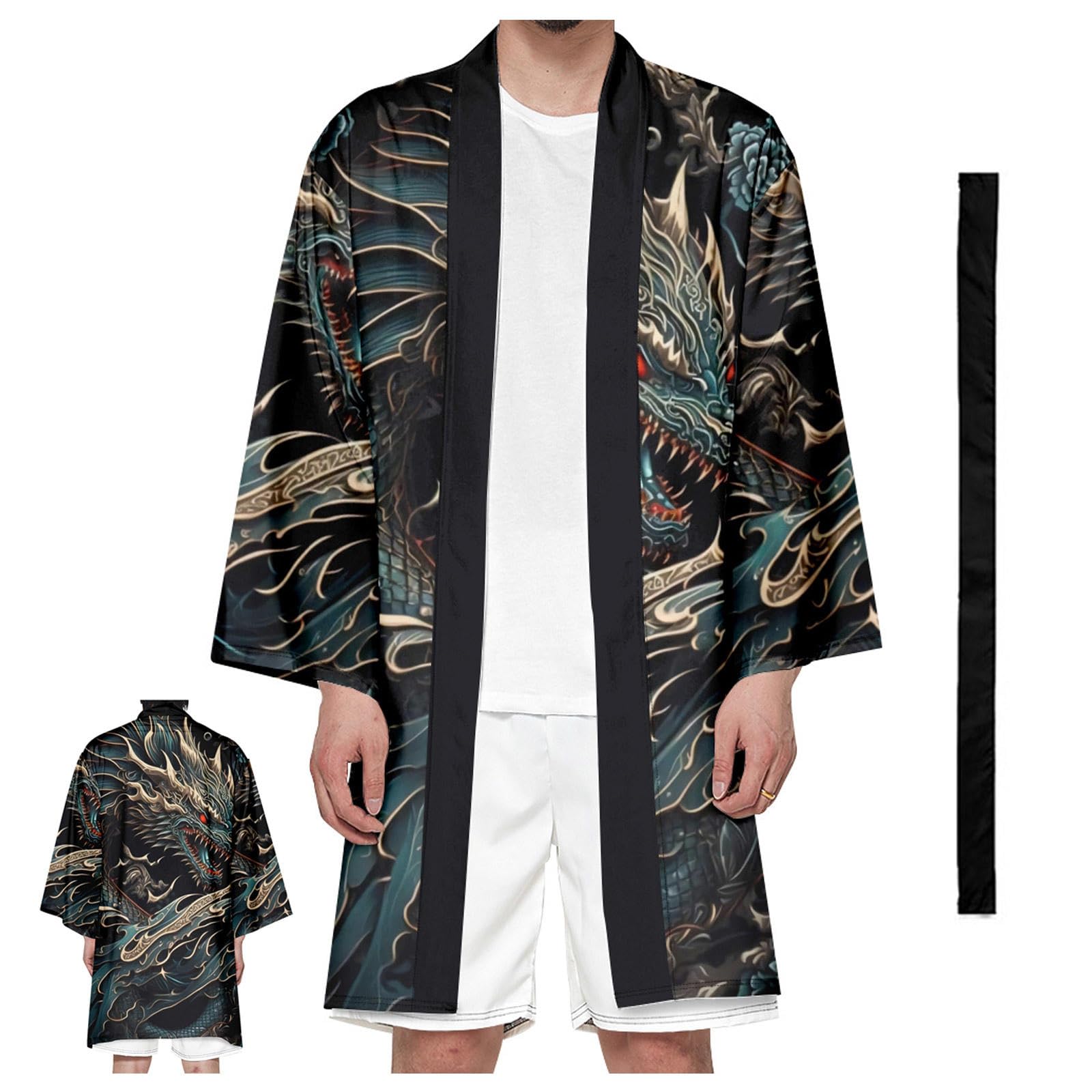 CHUIKUAJ Men's Kimono Cardigan, Traditional Japanese Printed Dressing Gown Summer Haori Robes Cardigan With Belt,DarkBlue-8XL