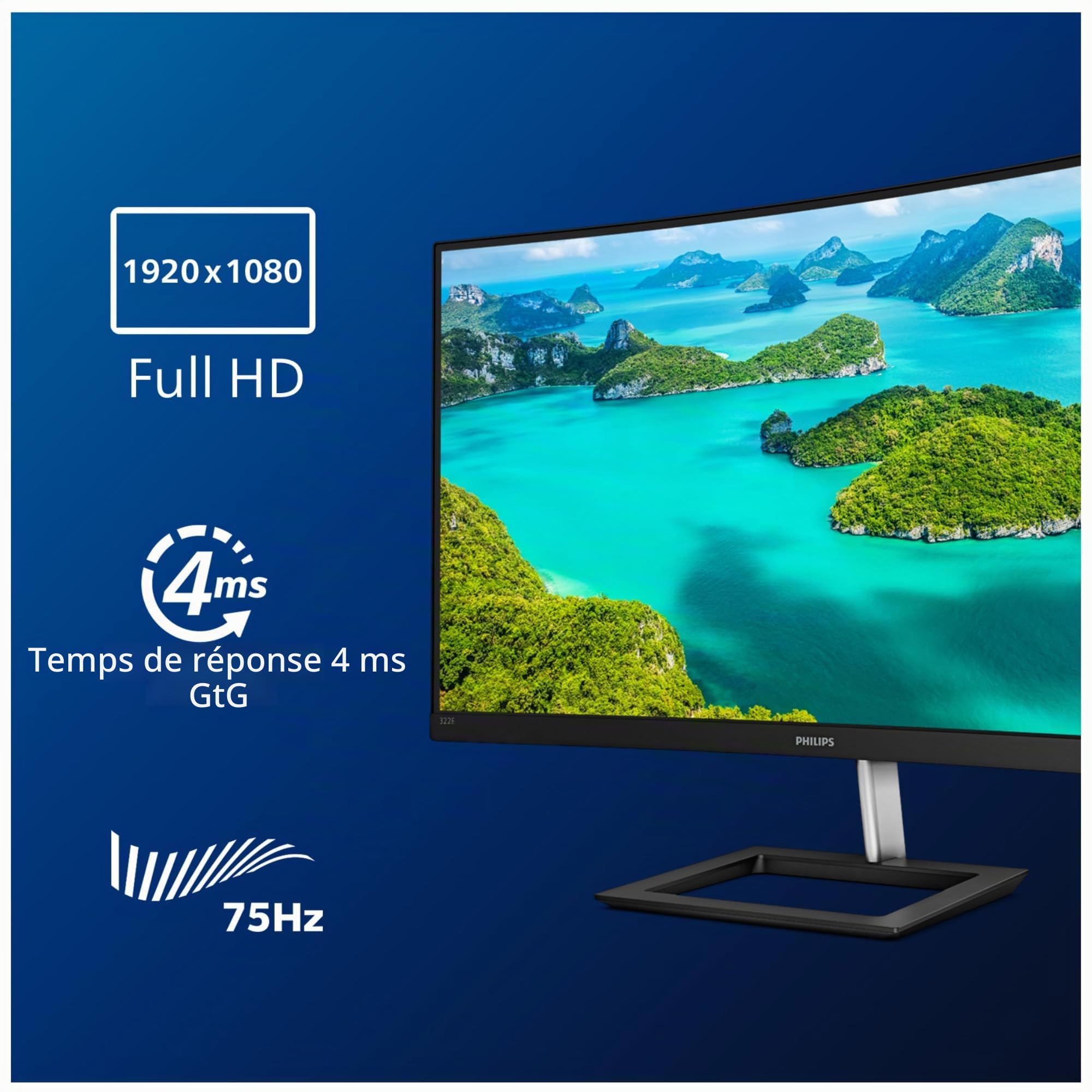 PHILIPS E Line 322E1C/00 écran Plat de PC 80 cm (31.5") Quad HD LCD Incurvé Noir - Écrans Plats de PC (80 cm (31.5"), 1920 x 1080 Pixels, Quad HD, LCD, 4 ms, Noir)