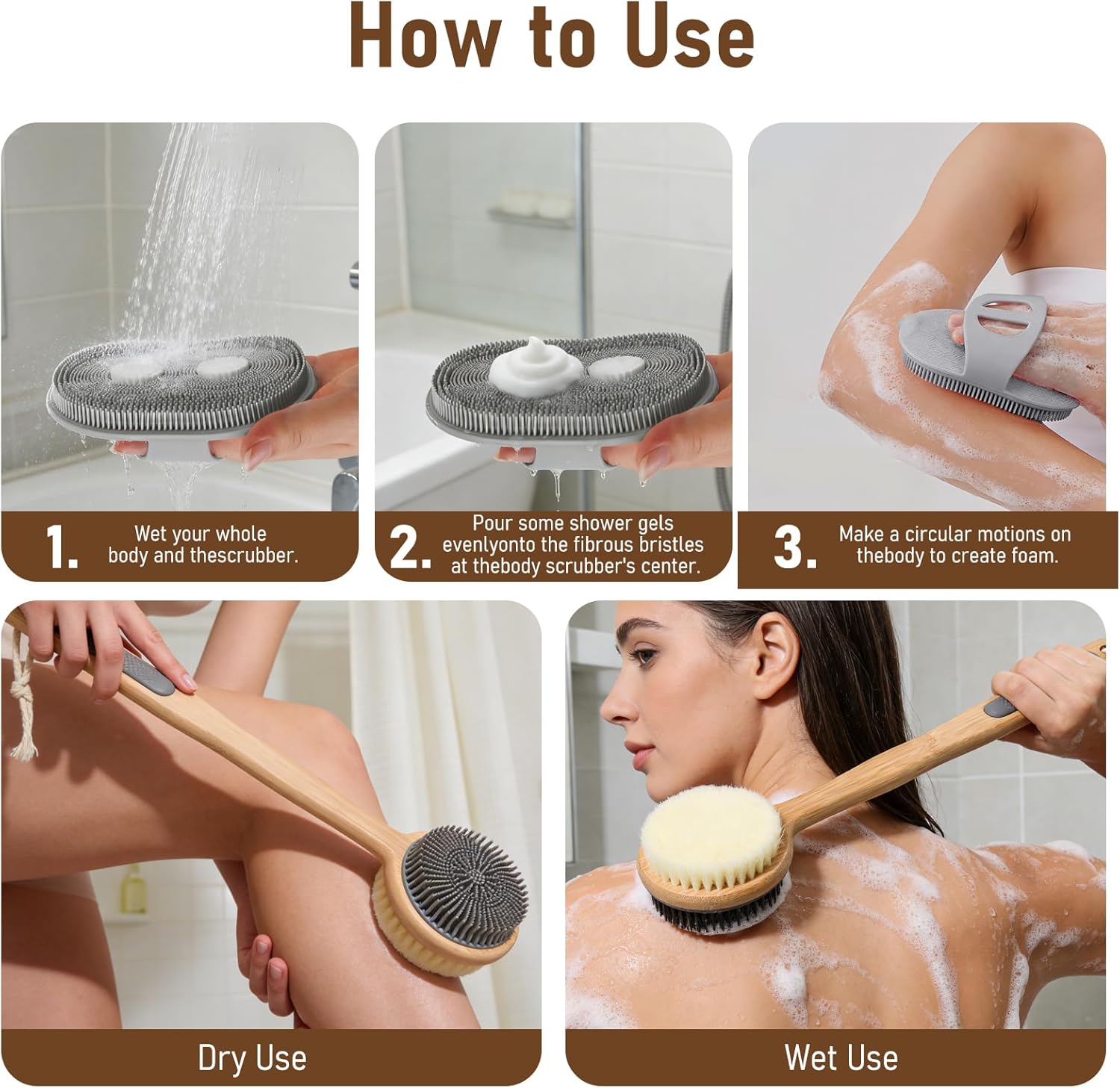 Back Scrubber for Shower + Body Scrubber 2 Pack - Dual Sided Silicone & Nylon Bristles Lather Well, Exfoliating Anti-Slip Wood Long Handle Back Scrubber Body Exfoliator for Wet/Dry Bath Brush Grey