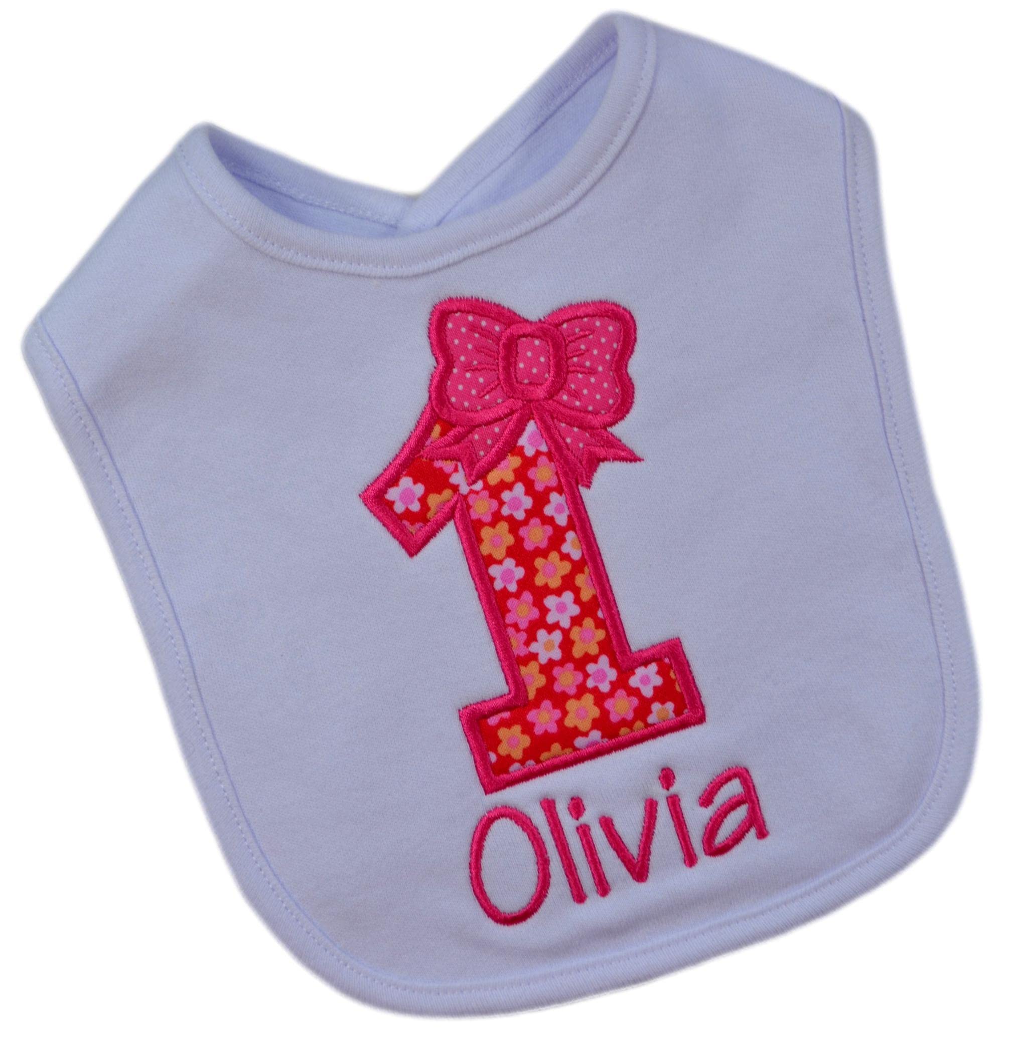 First Birthday Smash Bib for Baby Girl Turning 1 with Custom EMBROIDERED Name (PINK FLOWERS)