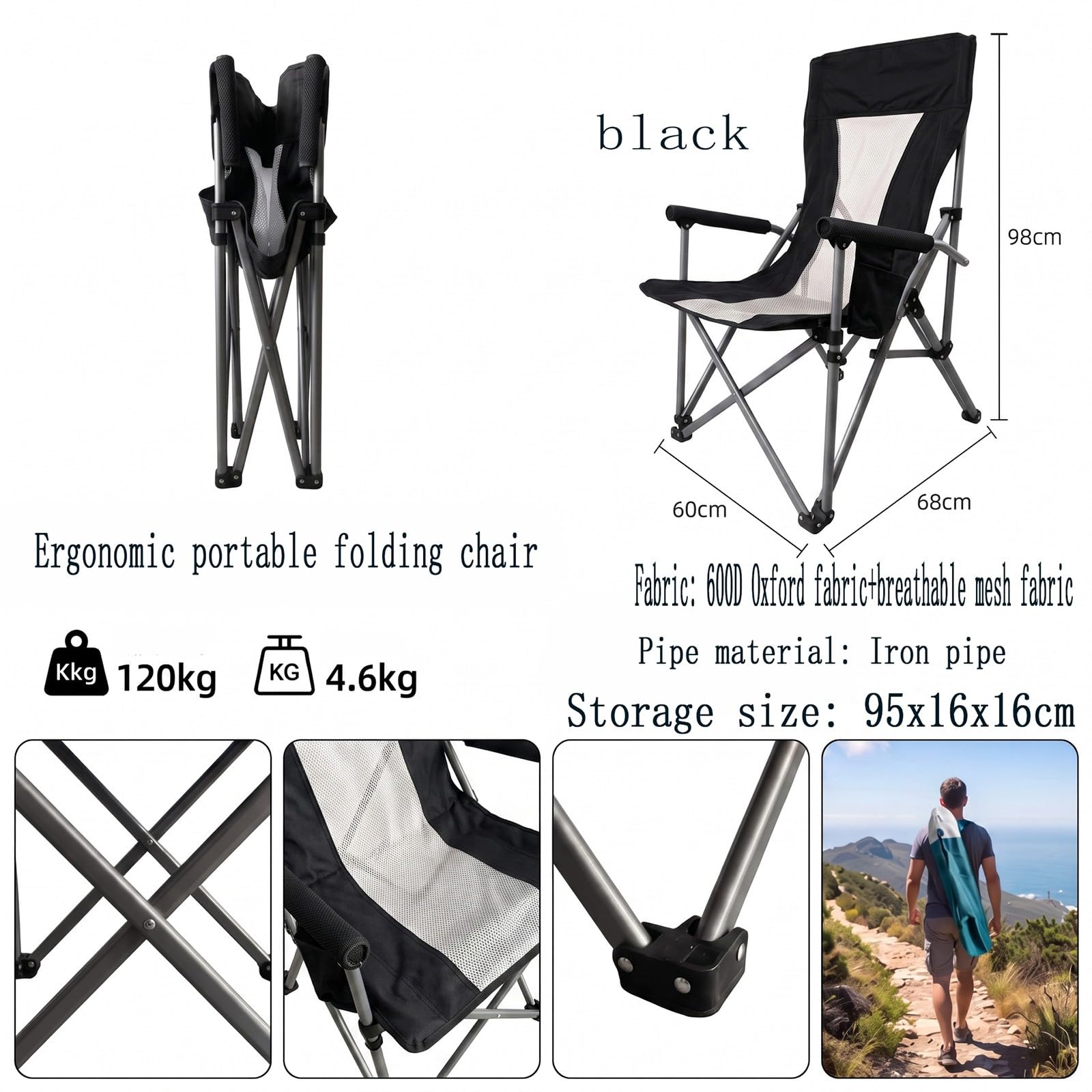 Chaise de Camping Pliable Surdimensionnée Portable avec Porte Gobelets et Accoudoirs Cadre Stable pour Extérieur Intérieur Camping Pêche Couleur Noir Gris D