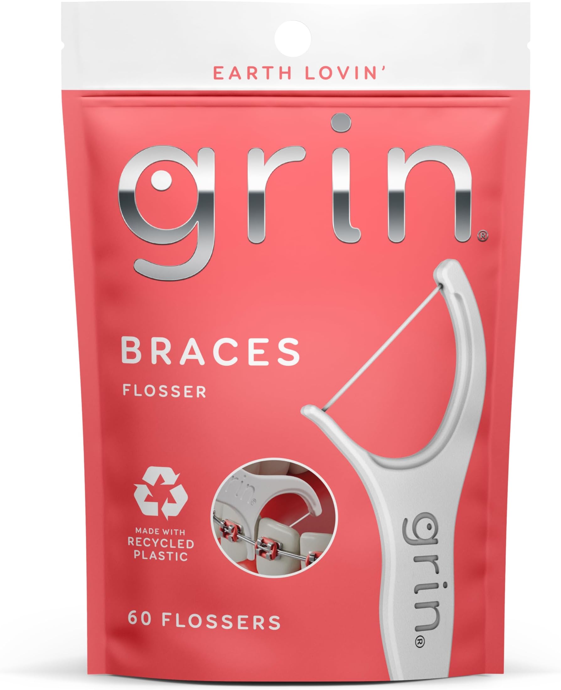 GRIN Braces Flosser, Floss Picks Designed for Braces, 60 Count, Dental Flossers, Recycled Plastic, Ortho Approved, Premium Thin Floss, Includes Handy Wax Scraper and Pick