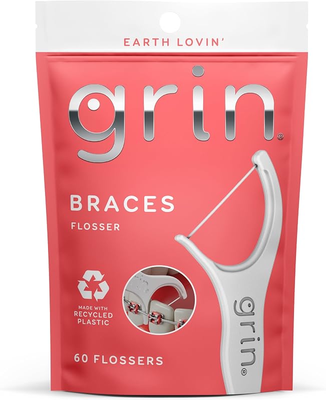 GRIN Braces Flosser, Floss Picks Designed for Braces, 60 Count, Dental Flossers, Recycled Plastic, Ortho Approved, Premium Thin Floss, Includes Handy Wax Scraper and Pick