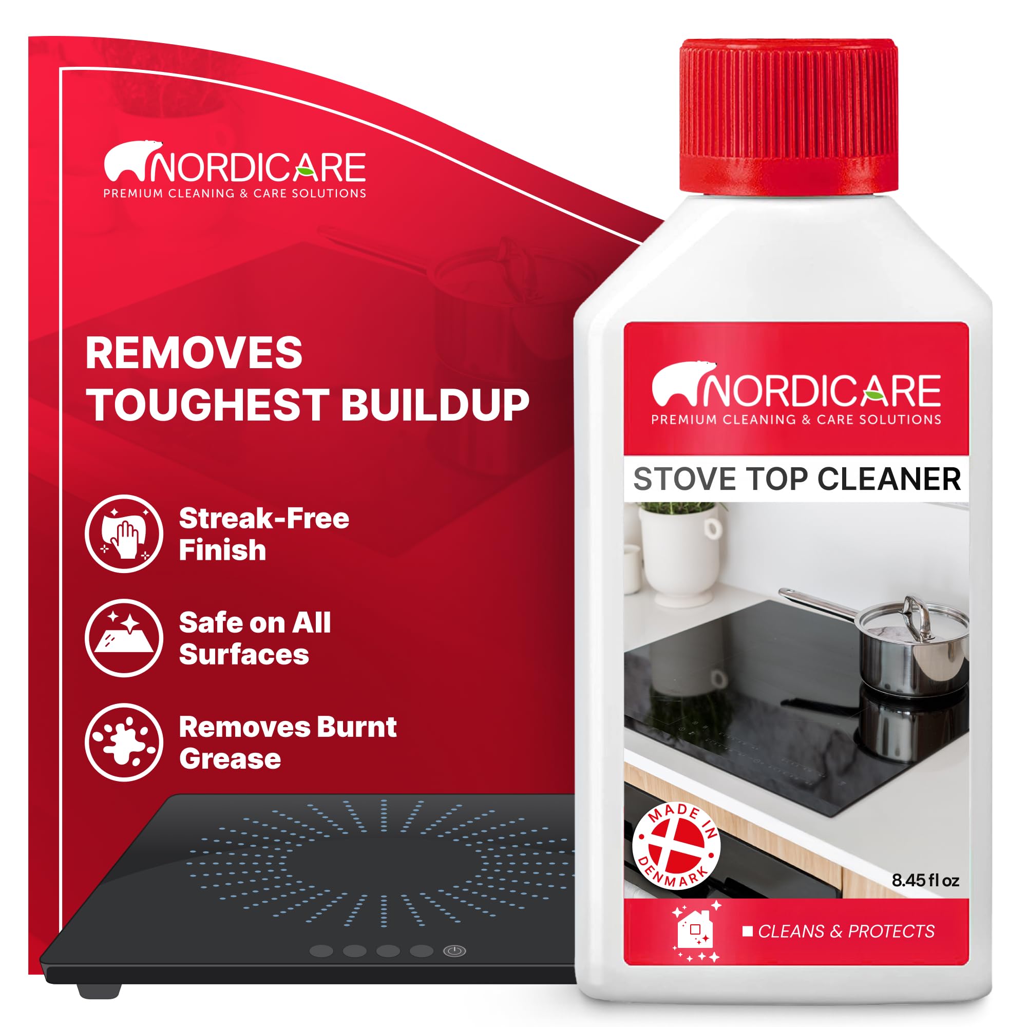 Nordicare Stove Top Cleaner Glass Ceramic - Induction Cooktop Cleaner Polish And Protector For Everyday Use - No Scrubbing Pad Needed - Leaves Protective Film - Made In Denmark (8.45oz)