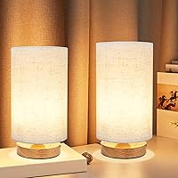 UCHENTON Set of 2 Small Bedside Table Lamps - Minimalist Wood Base, Round Fabric Shade, 2700K Warm LED Nightstand Lights for Bedroom, Dorm, Nursery