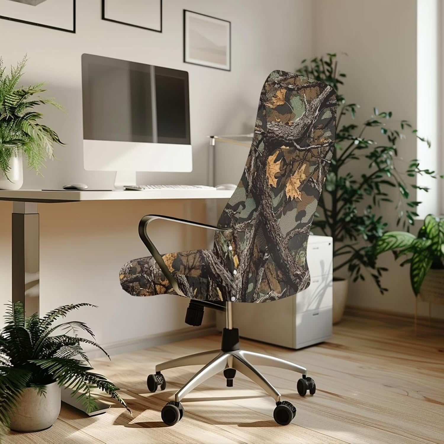 Wanyint Camo Hunting Forest Branch Green Office Chair Cover Anti-dust Computer Chair Slipcover Comfort High Back Computer Chair Cover for Boss Rotating Chairs Machine Washable, L