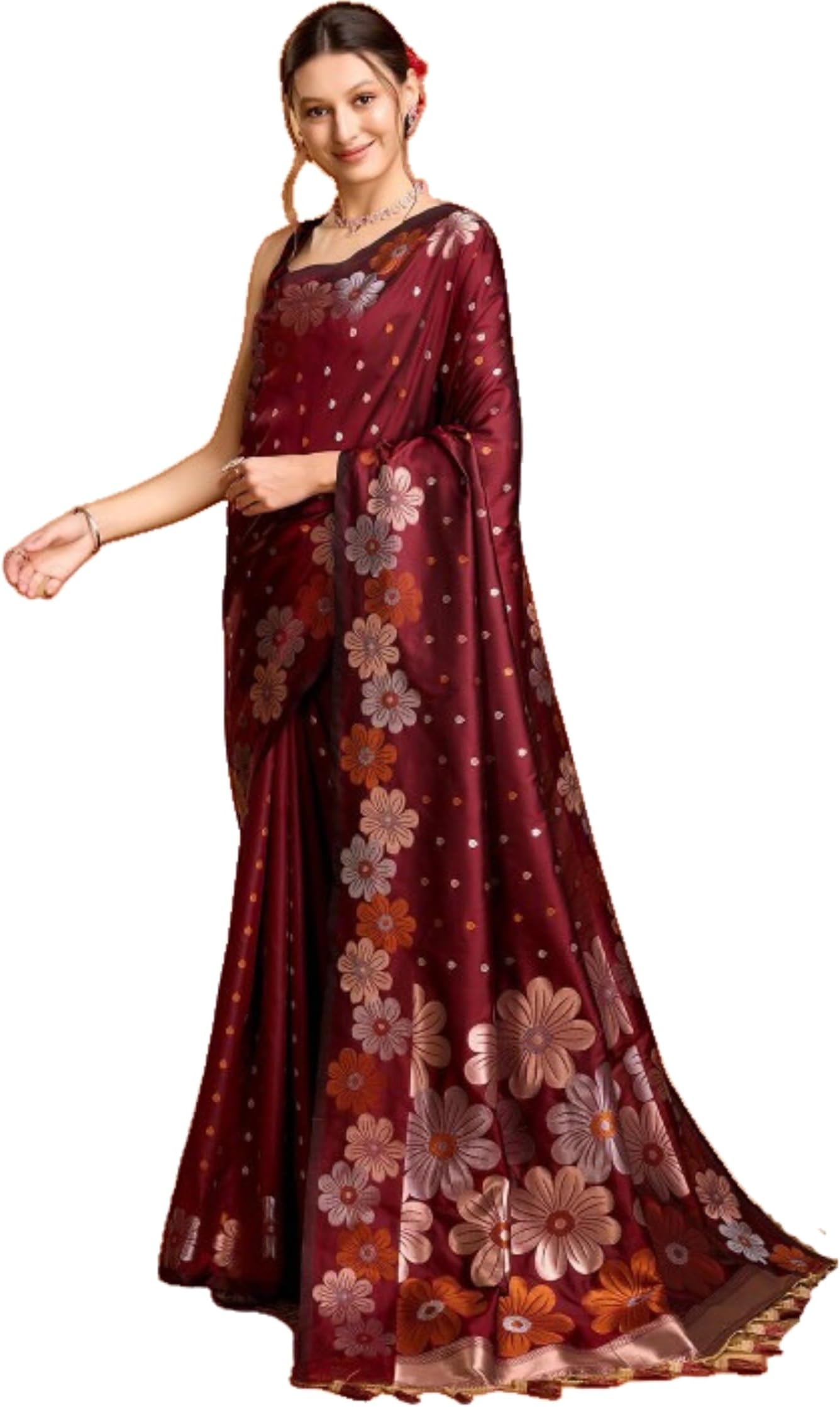 C J Enterprise Women's Pure Kanzibaram Silk Saree with Soft Banarasi Blouse Piece Saree for Wedding (Champagne), Maroon, One Size, Maroon, One Size