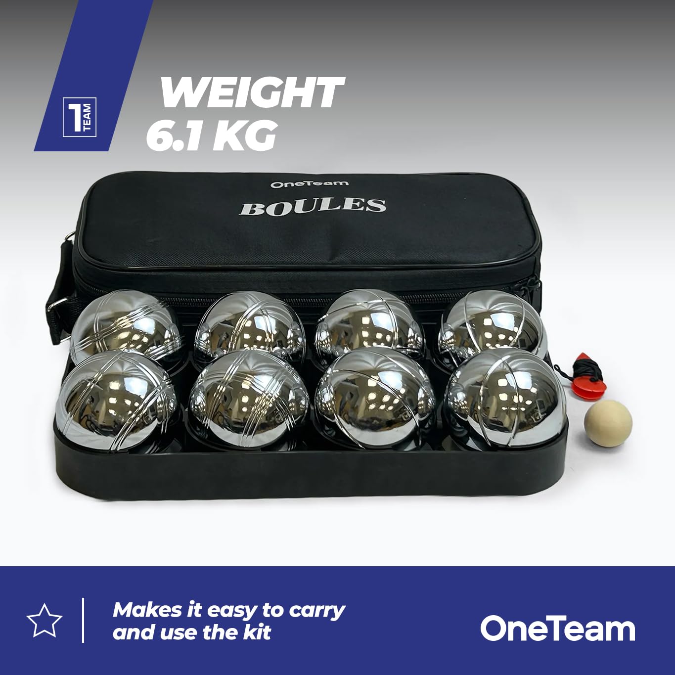 OneTeam Boule Set 8 Kugeln – Petanque Spiel für Erwachsene & Kinder – Verchromter Stahl – Silber – Robustes Outdoor Gartenspiel & Freizeitspaß