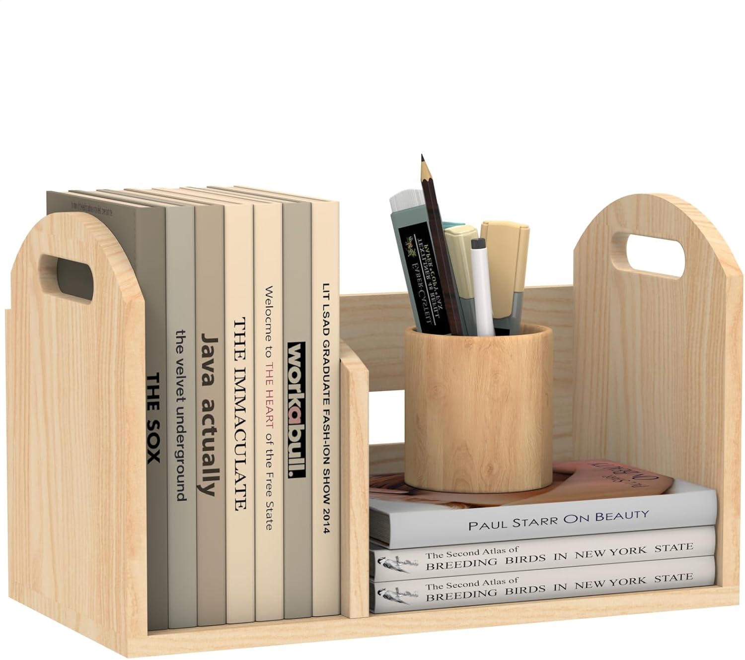 Wood Desktop Bookshelf, Upright Tabletop Book Shelf With Adjustable Divider Secure Books in Place, Desk Shelf for Top of Desk in Living Room, Home, Office, Perfect for Books, Cookbooks, Magazine, File