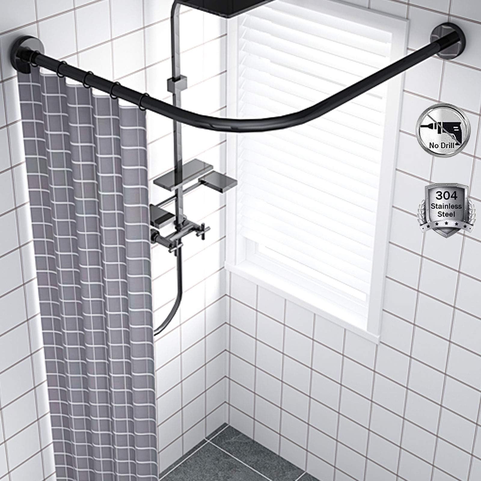 Shower Rod Curved No Drill, Adjustable L Shaped Shower Curtain Rod Pole, Wall