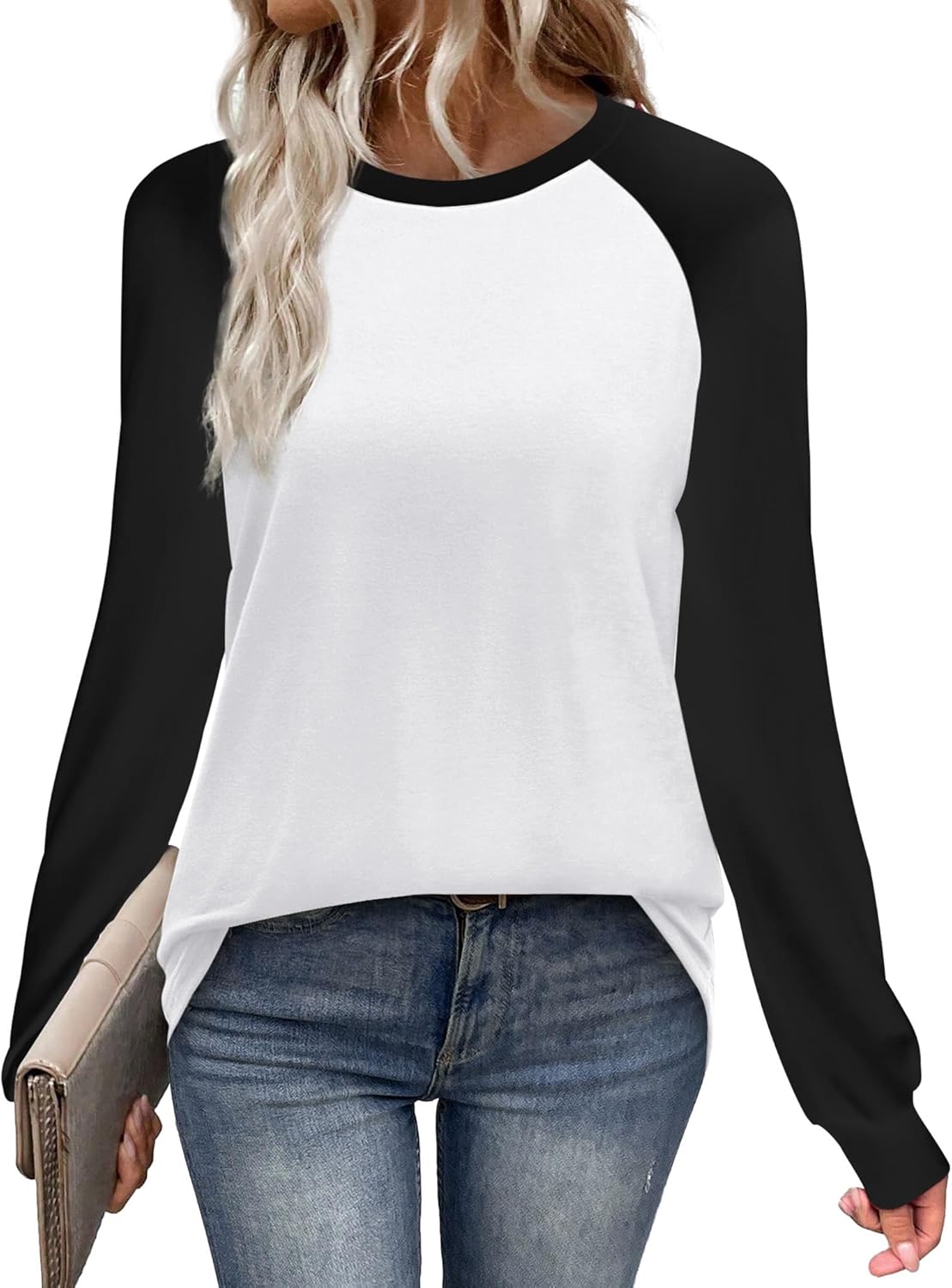 wiholl long sleeve shirts for women color block raglan tops casual crewneck basic tees fall clothes 2025 fashion 04 - white medium