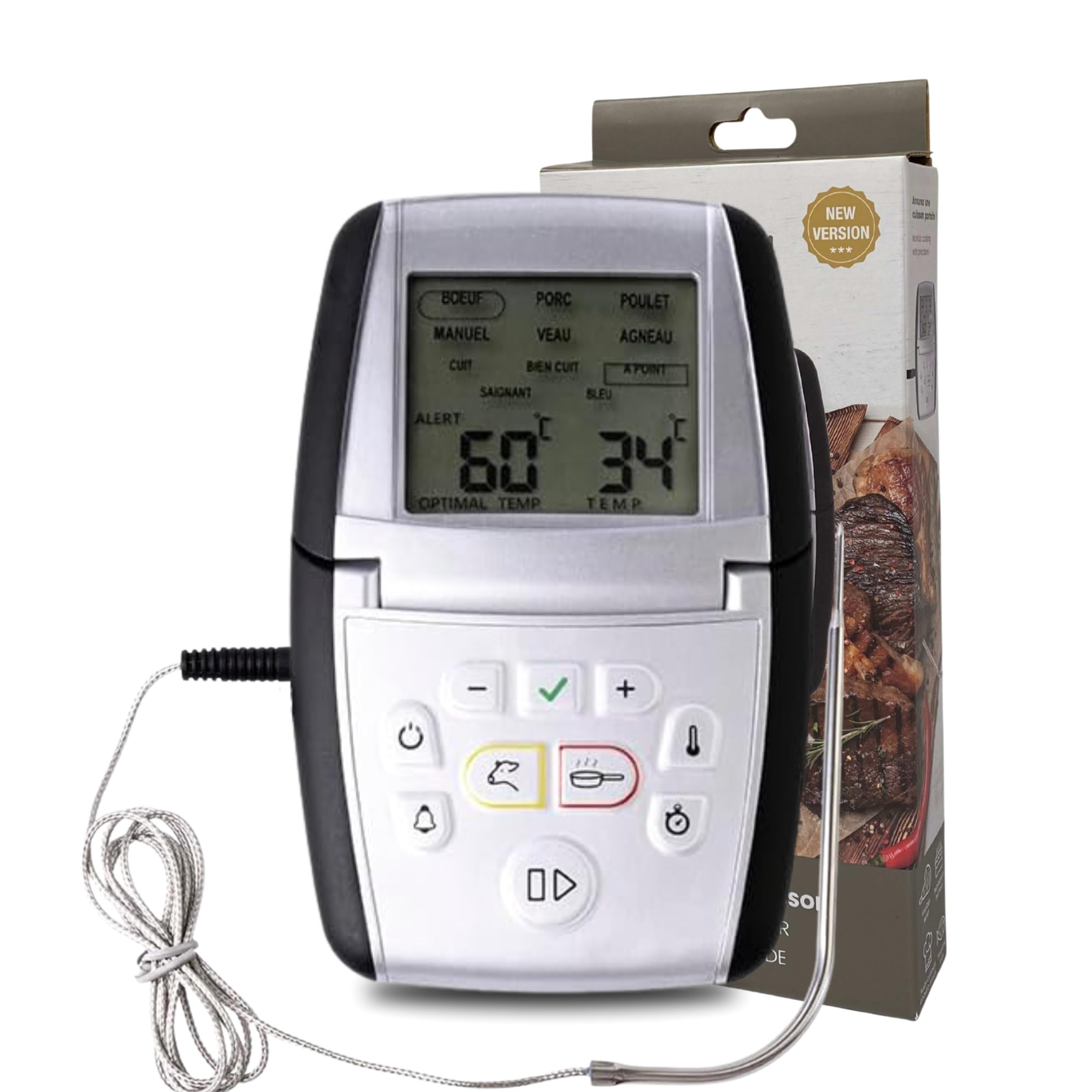 Mastrad Thermosonde De Cuisson m°classic+ Thermomètre Sonde 0-210°C Programmable Viande Cuisson Compatible Four BBQ Induction Alarme Temps Restant 1 Pile AAA