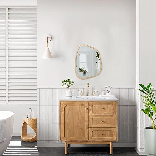 Miniatura 88 de Espejo de pared irregular de 26 x 18 pulgadas, espejo de baño grande asimétrico con marco de madera, espejos decorativos artísticos modernos