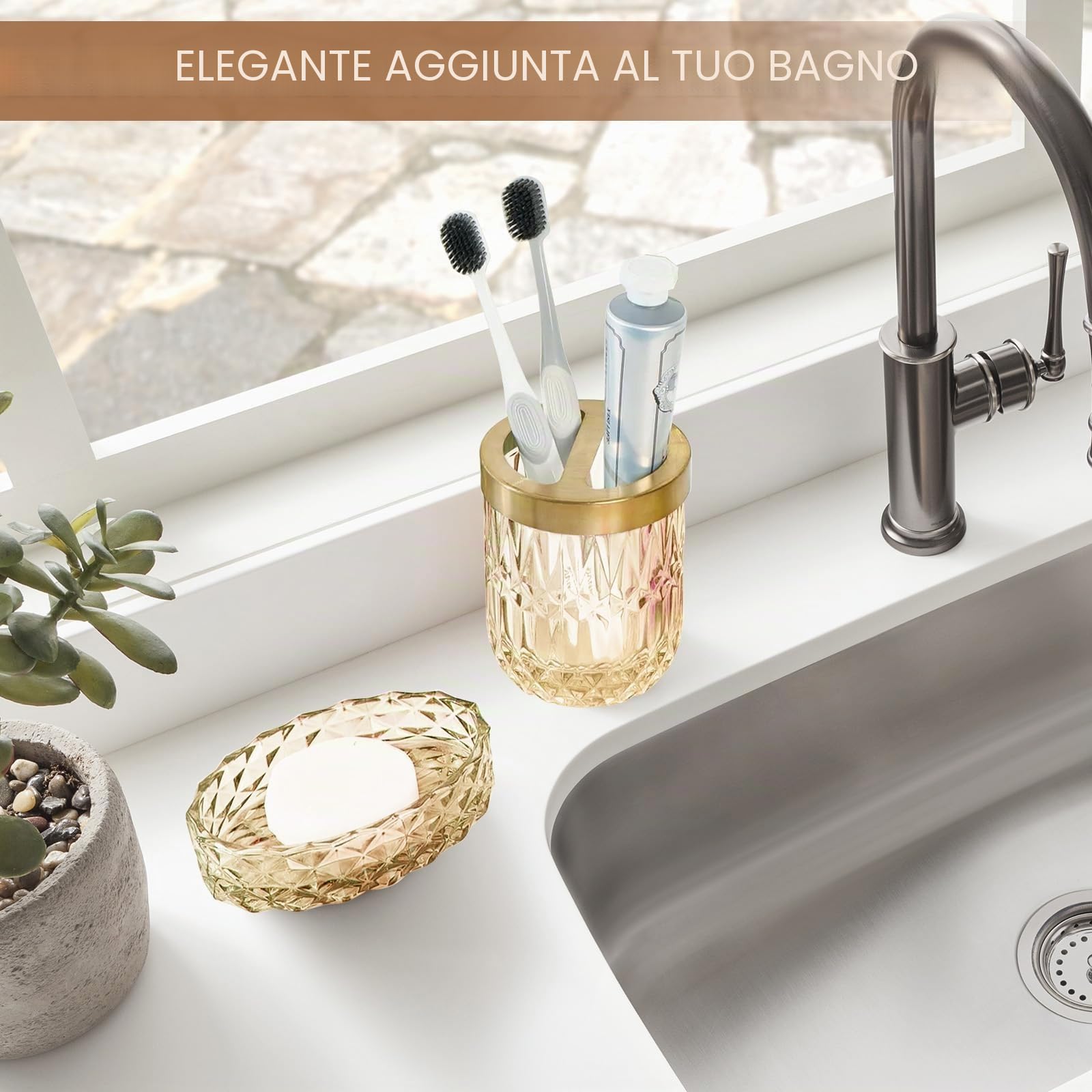 Set di accessori da bagno in oro 5 pezzi, set di accessori da bagno con dispenser per sapone in oro, portasapone, portaspazzolino, bicchiere, barattoli per bastoncini di cotone