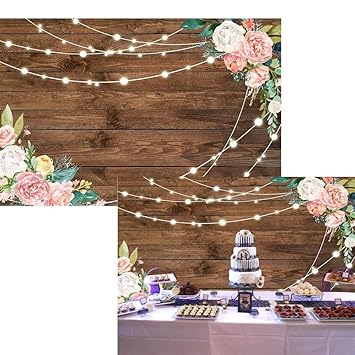 7x5ft Wooden Floor with Lights Photographic Backdrop Floral Rustic Vintage Wood Grain Plank Bridal Shower Wedding babyshower Event Birthday Party Banner livestream Video Photo Wallpaper Mural Poster