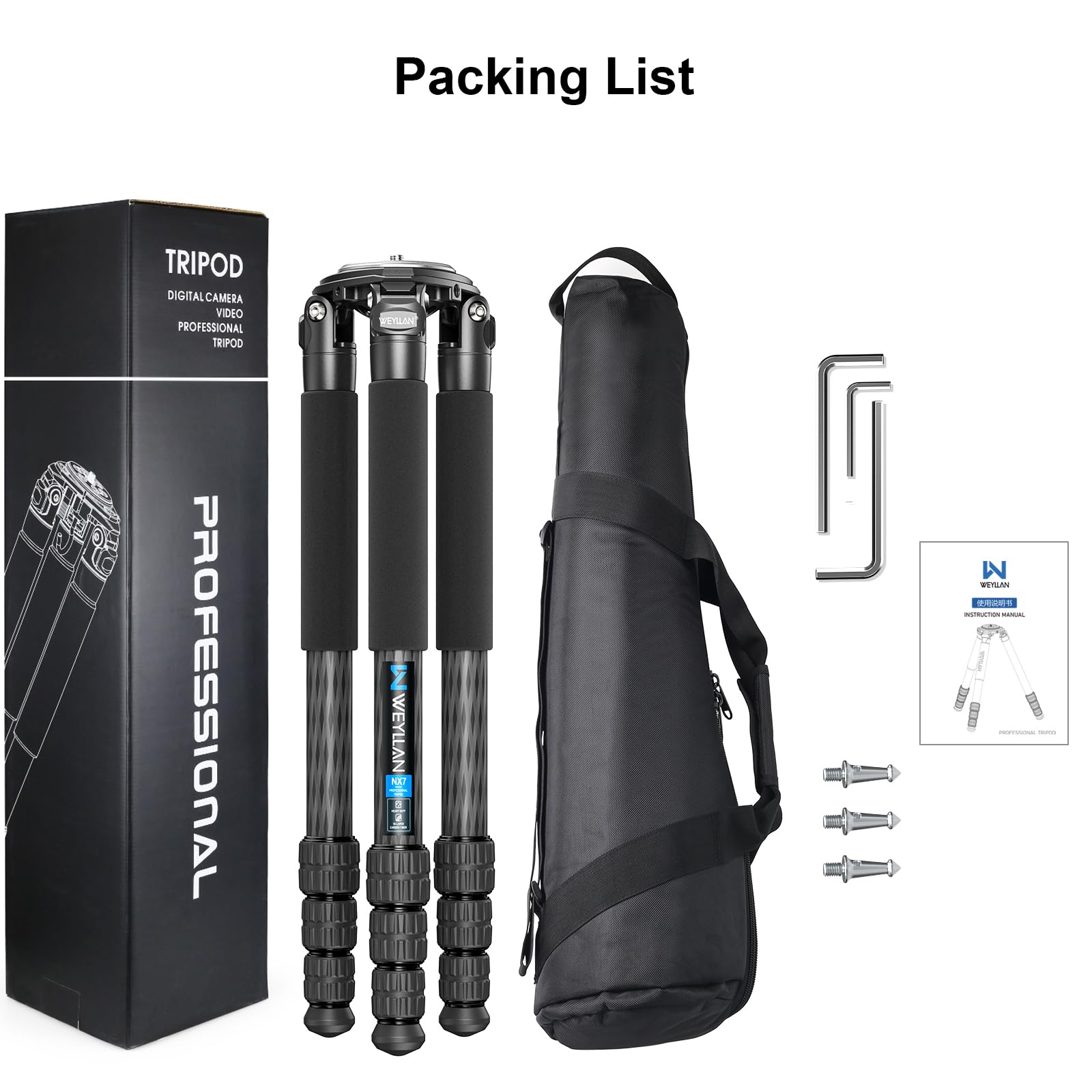 Treppiede per fotocamera in fibra di carbonio, portatile, da viaggio, resistente, WEYLLAN NX7, 10 strati in fibra di carbonio, gamba da 32,5 mm, compatibile con testa a sfera e testa fluida per