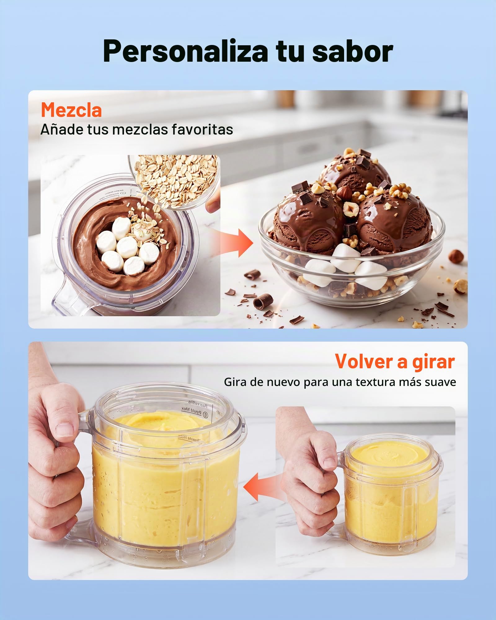 VEVOR Máquina para Hacer Helados 800 W, Heladera Casera con 7 Modos Preestablecidos, 2 Vasos de 0,5 L, Función de Mezcla con Un Solo Toque, para Preparar Gelato, Sorbete, Batido, Yogur Helado