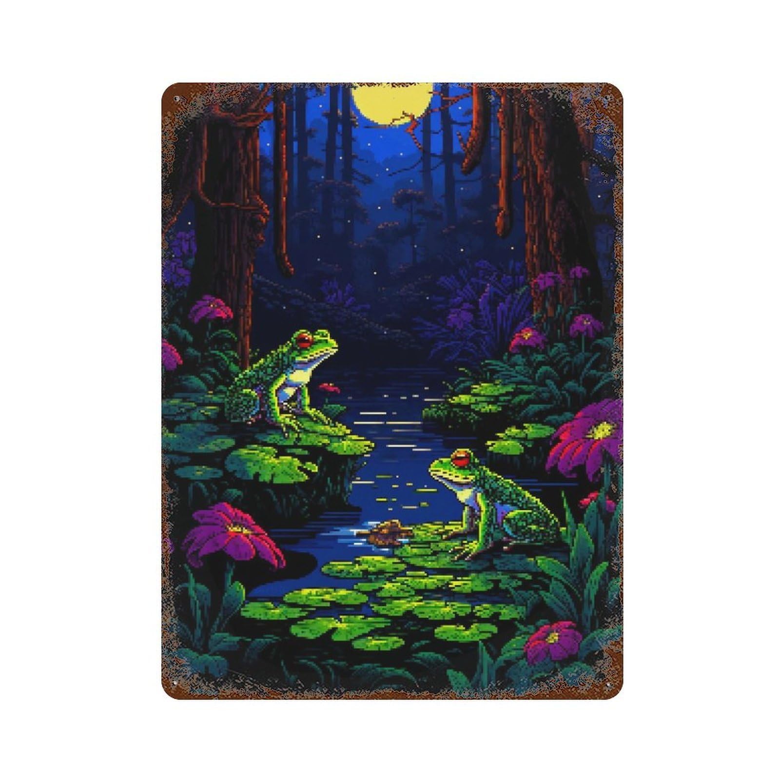 Frogs Pixel Art Rusty Metal Tin Sign 15.7"x11.8", Classic Wall Plaque for Pub, Kitchen And Man Cave Decor