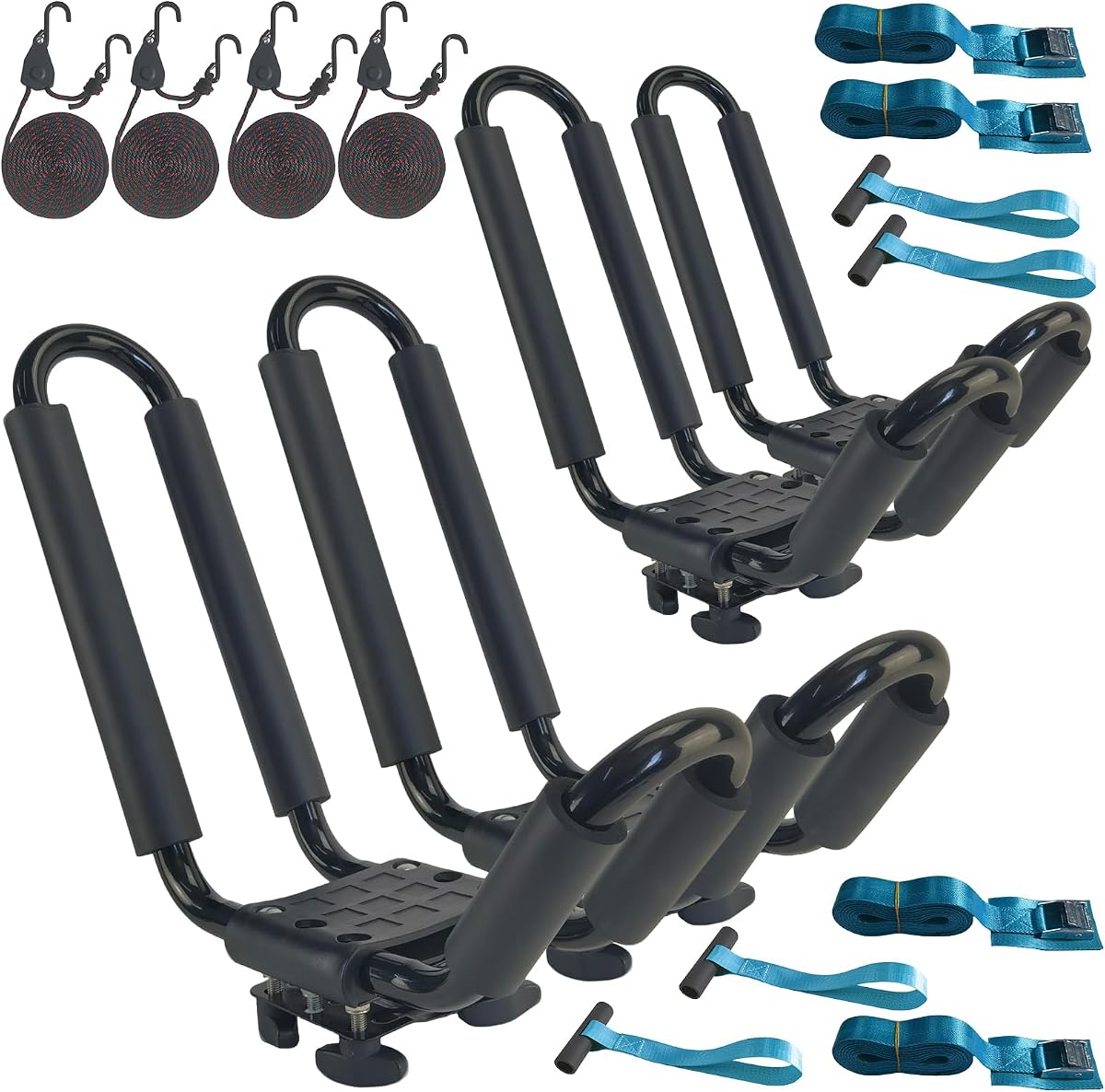 2 pares de soportes para kayak de alta resistencia, incluye 4 piezas de amarre de trinquete en la barra transversal del techo del automóvil, fácil de transportar, kayak, canoa, barco, surf, esquí (estante en forma de J) | Estante de barra en J