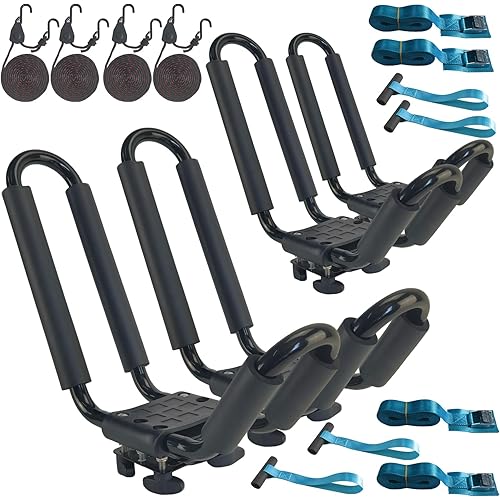 2 Pairs Heavy Duty Kayak Rack-Includes 4 Pcs Ratchet Tie-Mount on Car Roof Top Crossbar-Easy to Carry Kayak Canoe Boat Surf Ski (J-Bar Rack)