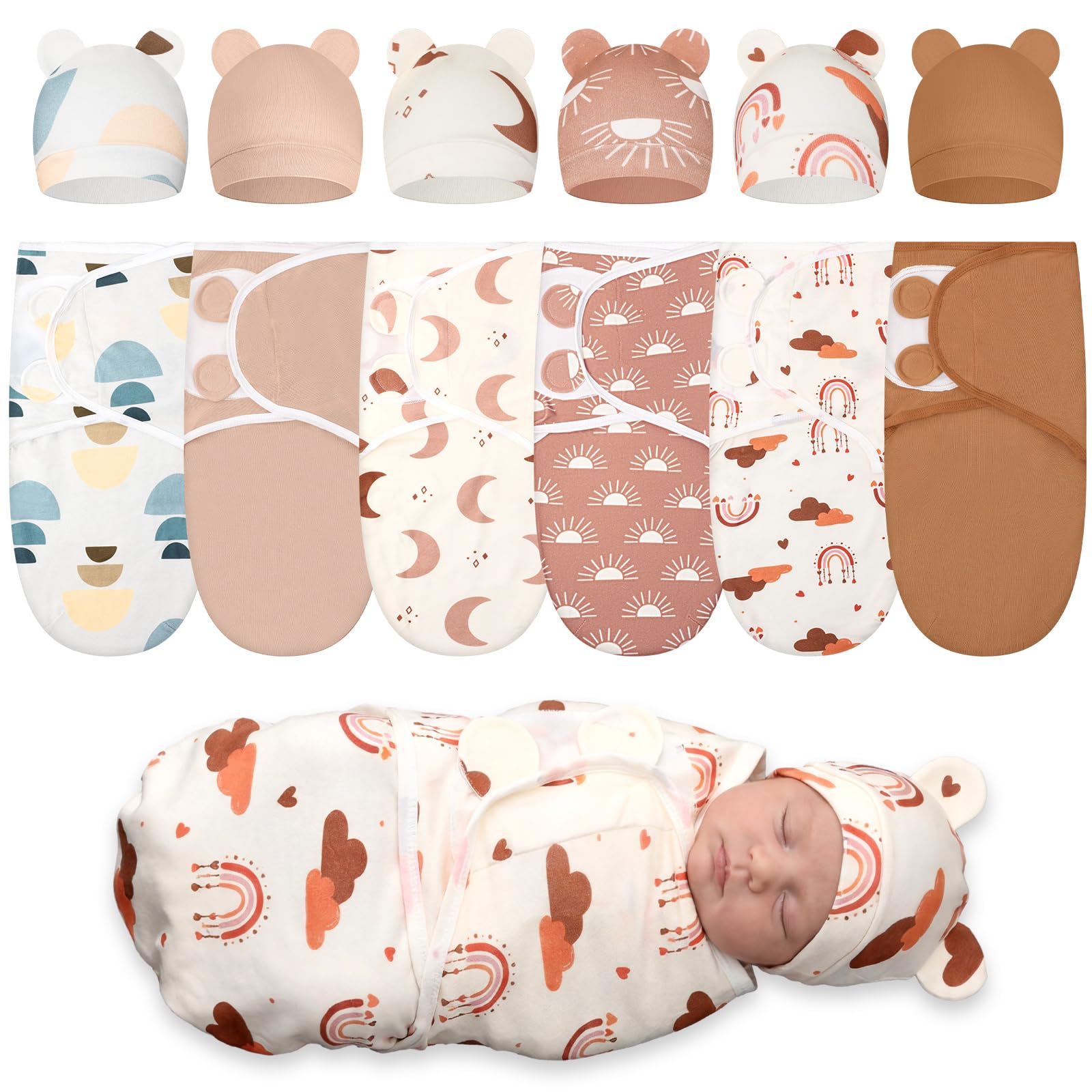 Photo 1 of Ramede 6 Pack Preemie Swaddle Blanket with Hats Sleep Swaddle for Baby Boy Girl Preemie Newborn Sacks Soft Cotton Wearable(Boho,Khaki)