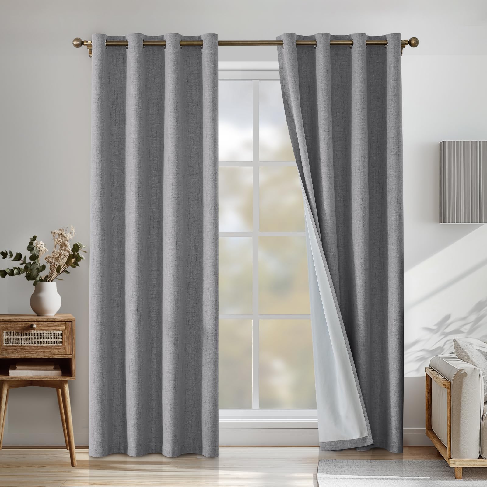 CYCMACO 100% Blackout Curtains, 2 Pieces, 140 x 225 cm, Linen Effect, Thermal Insulated Curtains, Cold and Heat, with Eyelets, Acoustic Modern Curtain, for Bedroom, Living Room and Kitchen, Light Grey Global Recycled Standard Global Recycled Standard Global Recycled Standard