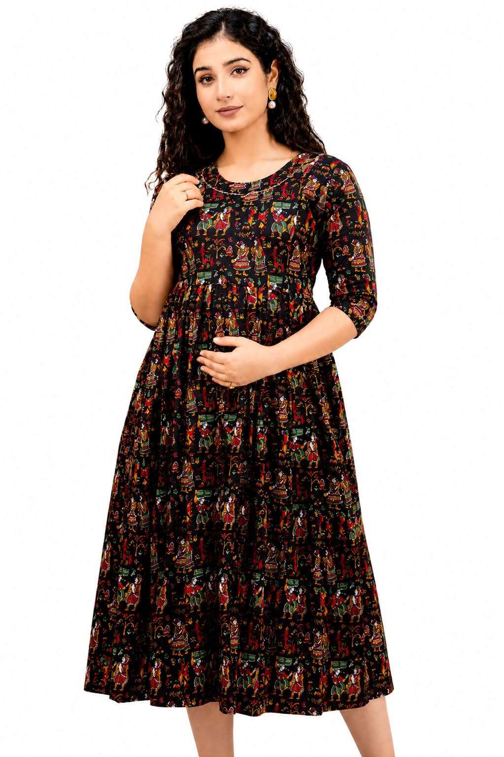 Women's Zipless Maternity Feeding Dress | Printed Anarkali Nursing Dress | Extra Pleats for Pre & Post Pregnancy | Round Neck 3/4 Sleeve | Soft & Comfortable-image-49