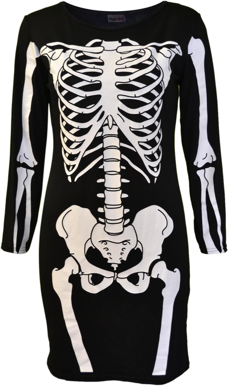 Women Halloween Long Sleeve Fancy Bodycon Skeleton Blood Heart Rose Skull Print Dress Tunika (12/14, Black Skeleton)