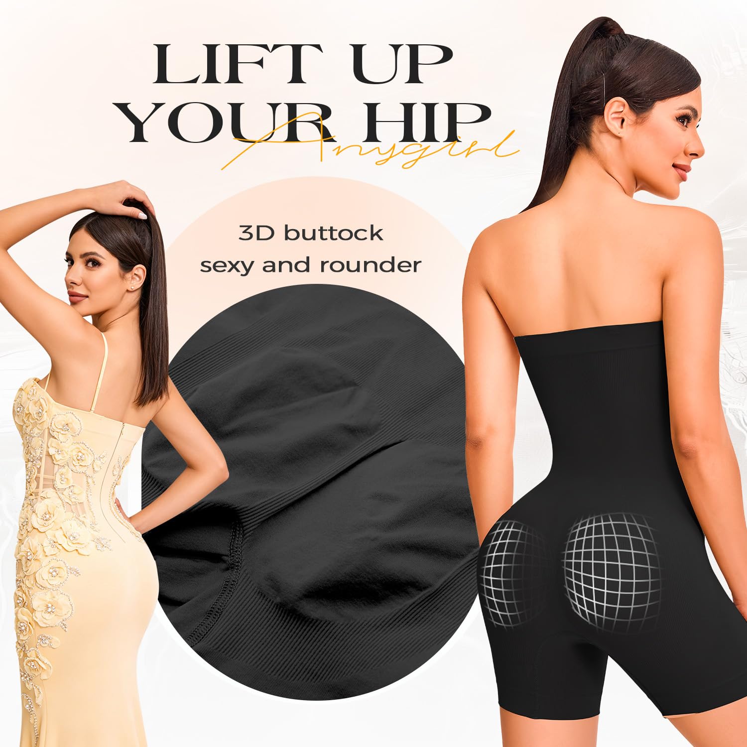 Anygirl Body gainant sans bretelles avec contrôle du ventre, sans couture, rehausseur de fessier, combinaison mi-cuisse