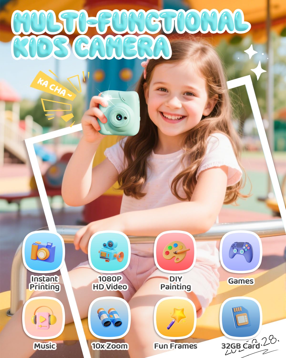 CAMCLID Macchina Fotografica Bambini Istantanea, 1080P HD Macchina Fotografica Istantanea 48MP con Scheda da 32 GB e 3 Rotoli di Carta da Stampa, Regalo per Ragazze Ragazzi da 3-12