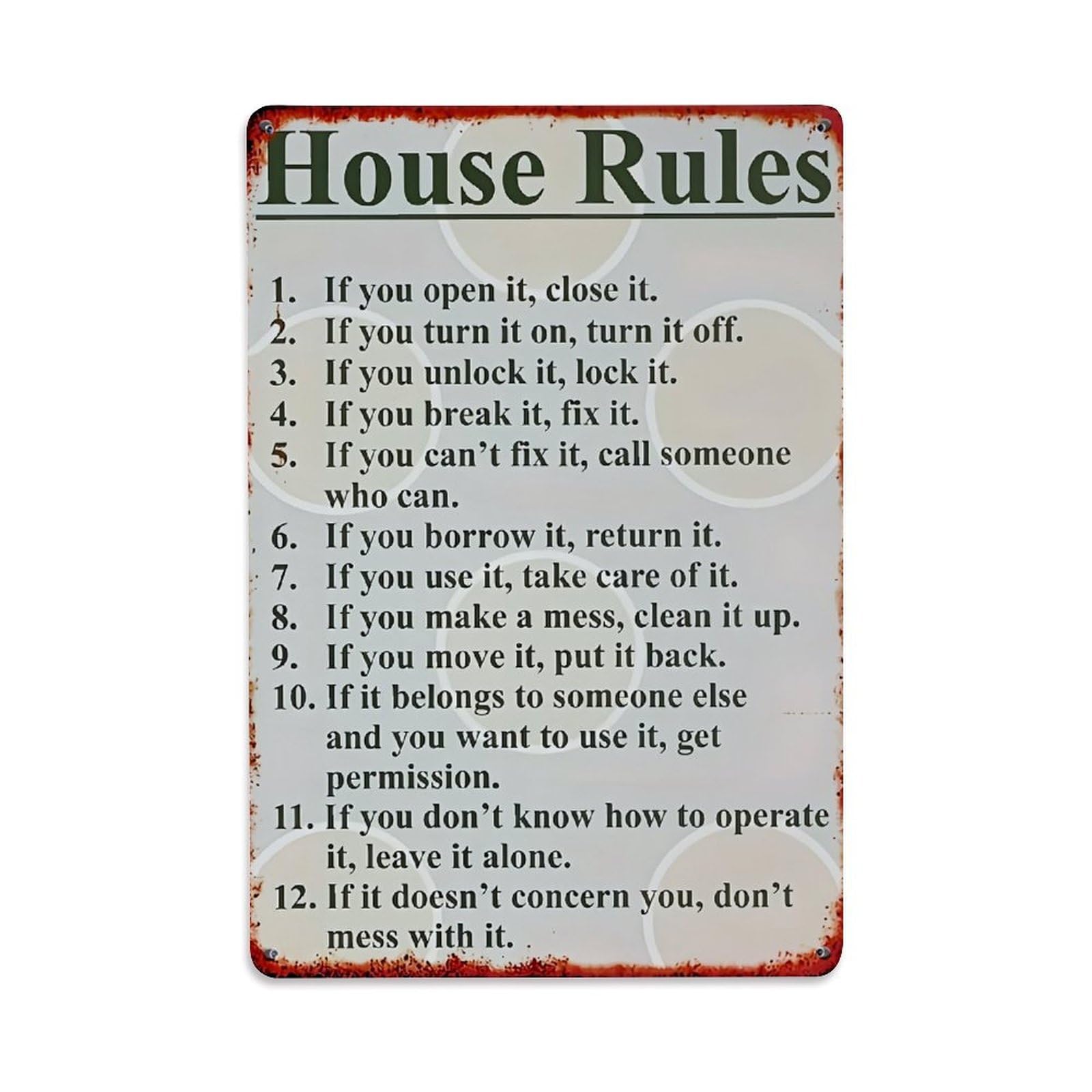 Jdfenggu Vintage House Rules List Sign Pattern Retro Metal Tin Sign, Decor Art Poster For Bar, Home, Man Cave, Kitchen, Laundry Room Gift 8X12inch