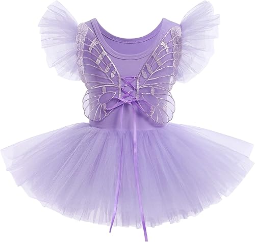 Vista 3 de AFAVOM Leotardos de ballet con alas de mariposa para niñas pequeñas, vestido de ballet con volantes, falda de leotardo de bailarina, traje