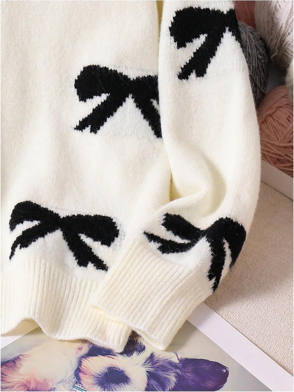 Girl's Bow Graphic Sweaters Crewneck Long Sleeve Knit Pullover Tops Drop Shoulder Knitwear - Image 5