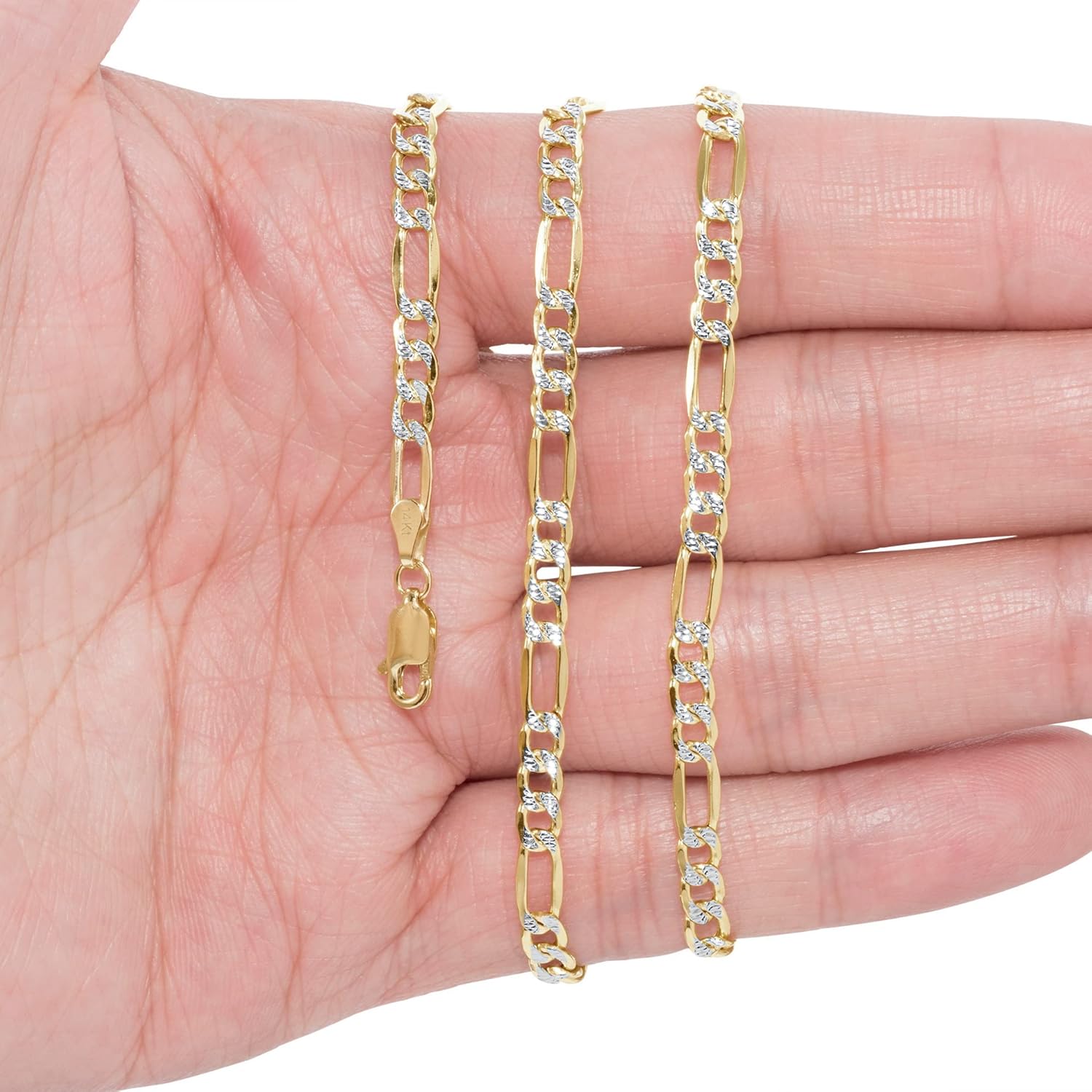 Nuragold 14k Real Yellow Gold Solid Figaro Link 5mm Diamond Cut Pave Chain Bracelet (7"-9") Two Tone Italian Jewelry for Men & Women