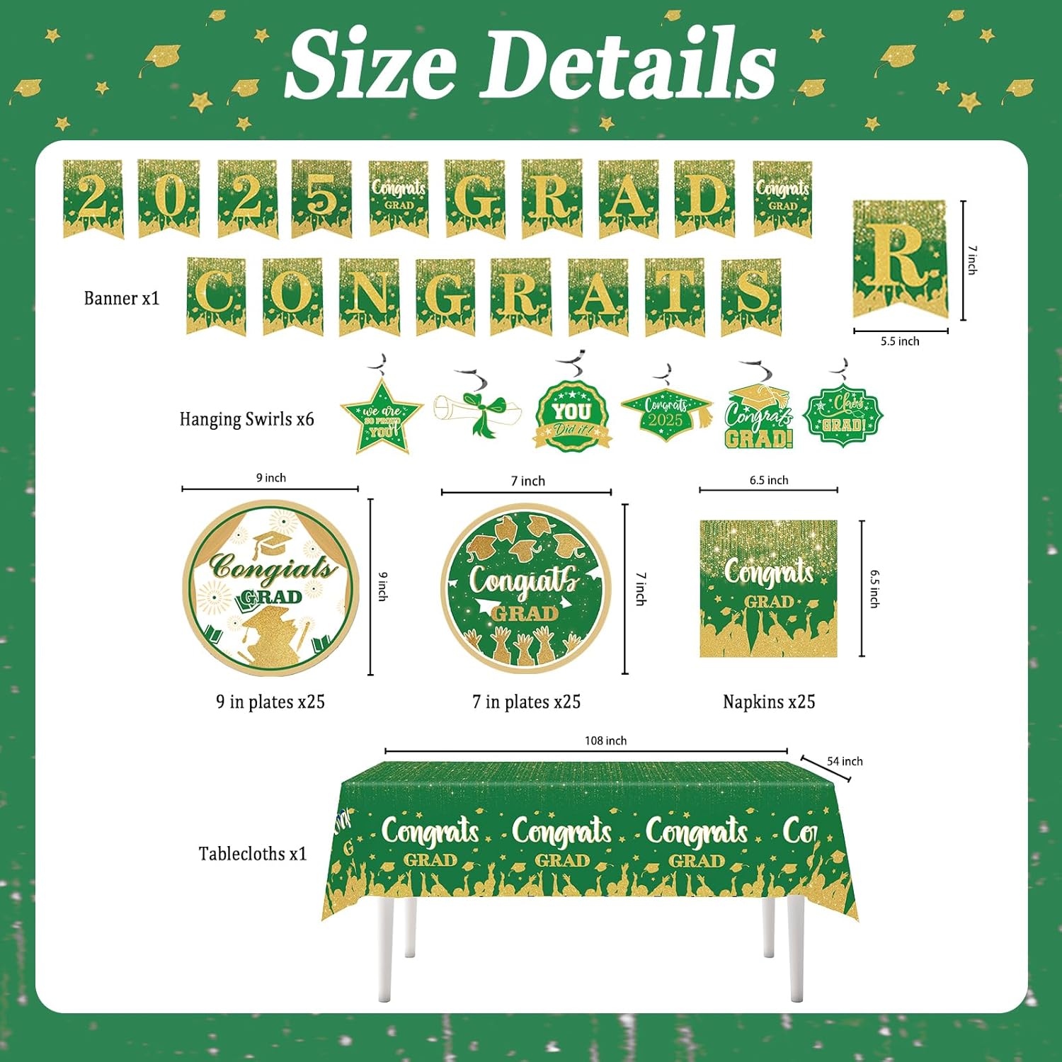 2025 Graduation Party Decorations – Green Graduation Party Dinnerware Set for 25 Guests, Includes Plates, Napkins, Tablecloth, Banner, Hanging Swirls – Grad Supplies Kit - Image 2