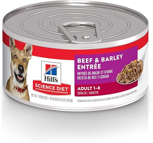 Hill's Science Diet Adulto 1-6, Adulto 1-6 Premium Nutrition, alimento húmedo para perros, carne de res y cebada, lata de 5.8 onzas, caja de 24