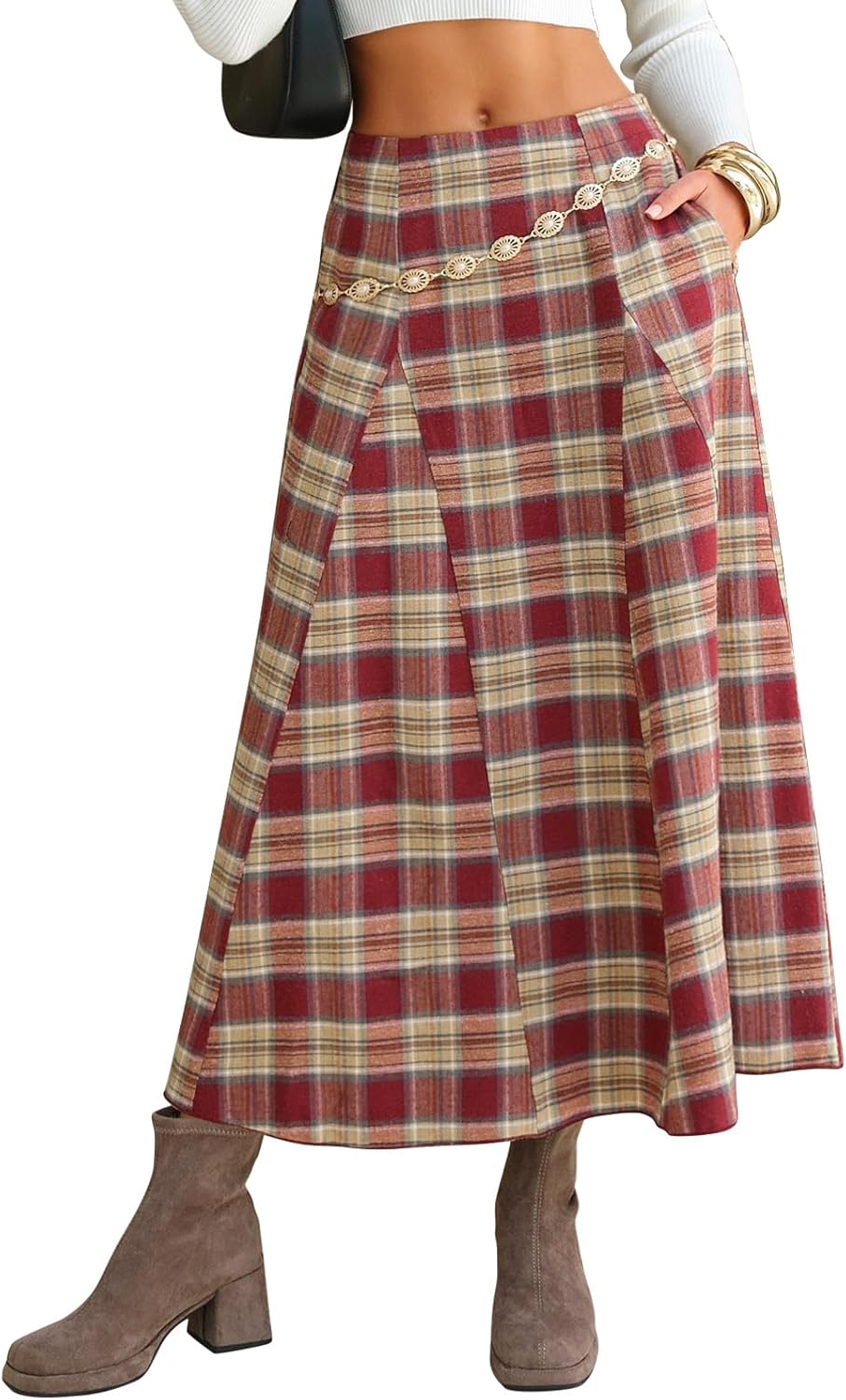 EXLURA Womens Flannel Plaid Long Skirts High Waist A Line Flared Pleated Maxi Skirt Dress Casual Vintage Office with Pockets