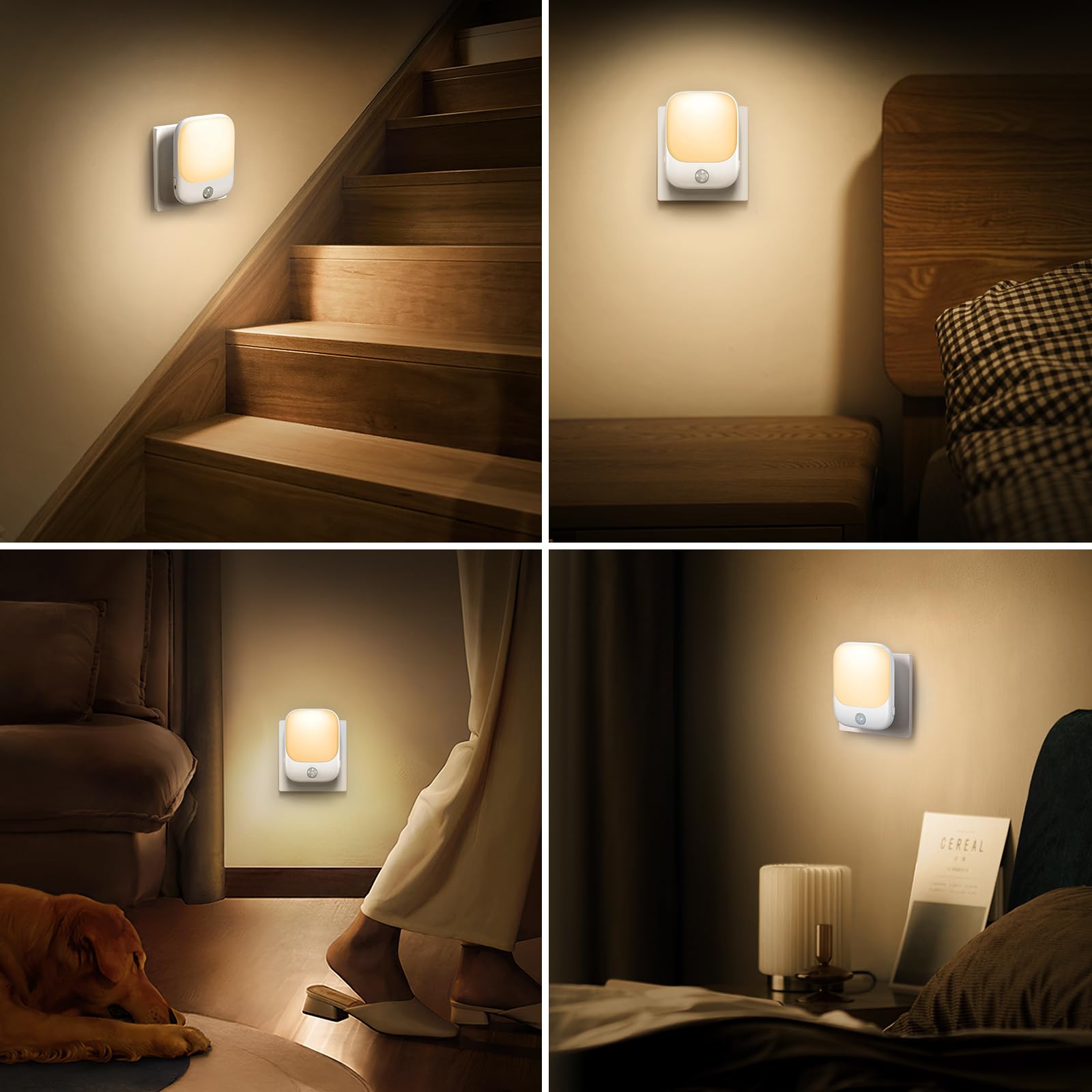 Podłączana lampka nocna, 2 PCS Lampki nocne podłączane do ścian z regulacją jasności, 3 tryby oświetlenia, ciepłe białe światło nocne z czujnikiem ruchu, do sypialni, przedpokoju, schodów