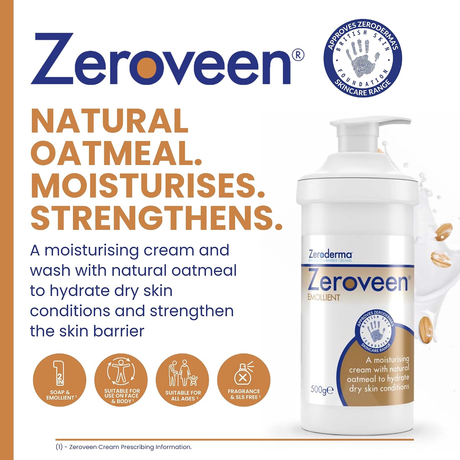 Zeroderma Zeroveen Emollient 500g - 2In1 Moisturising Cram And Wash With Natural Oatmeal