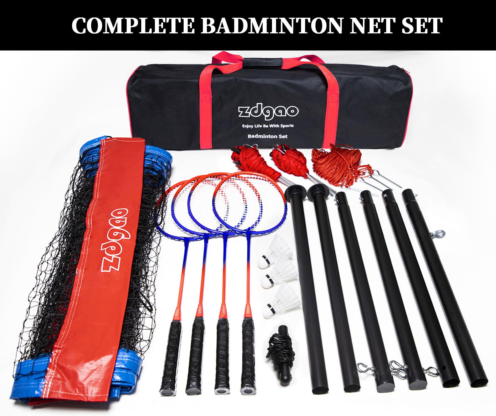 Zdgao Set da badminton per cortile con rete, rete da badminton portatile da esterno con sistema di verricello, 4 racchette da badmitton, 3 volani in nylon, linea di confine e borsa da trasporto