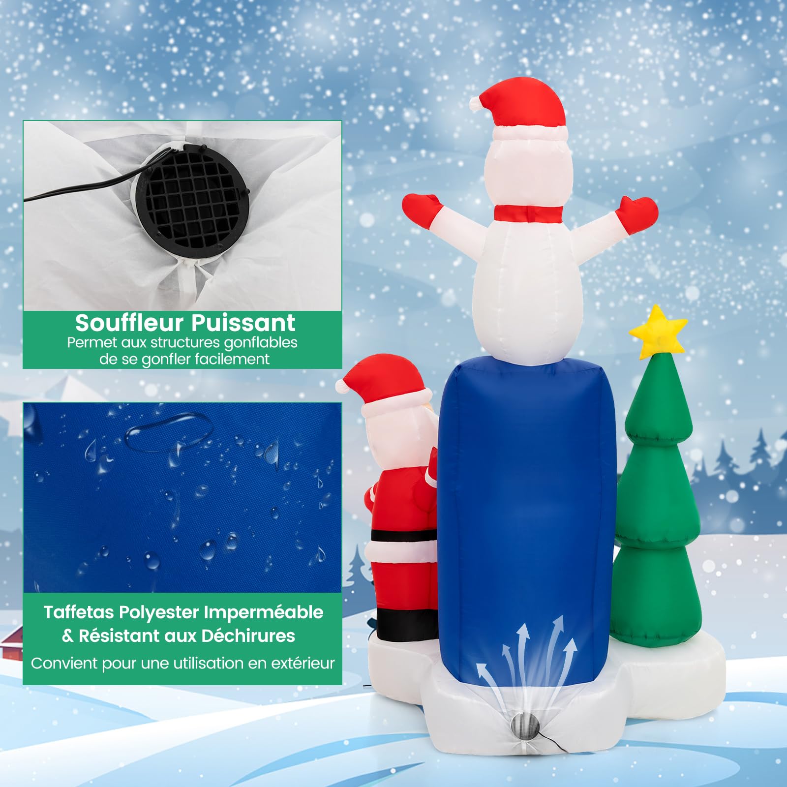 COSTWAY Décoration Gonflable de Noël 185cm avec Lumières LED | Décoration Père Noël Boîte aux Lettres et Bonhomme de Neige avec Sac de Sable pour Fêtes Intérieur/Extérieur